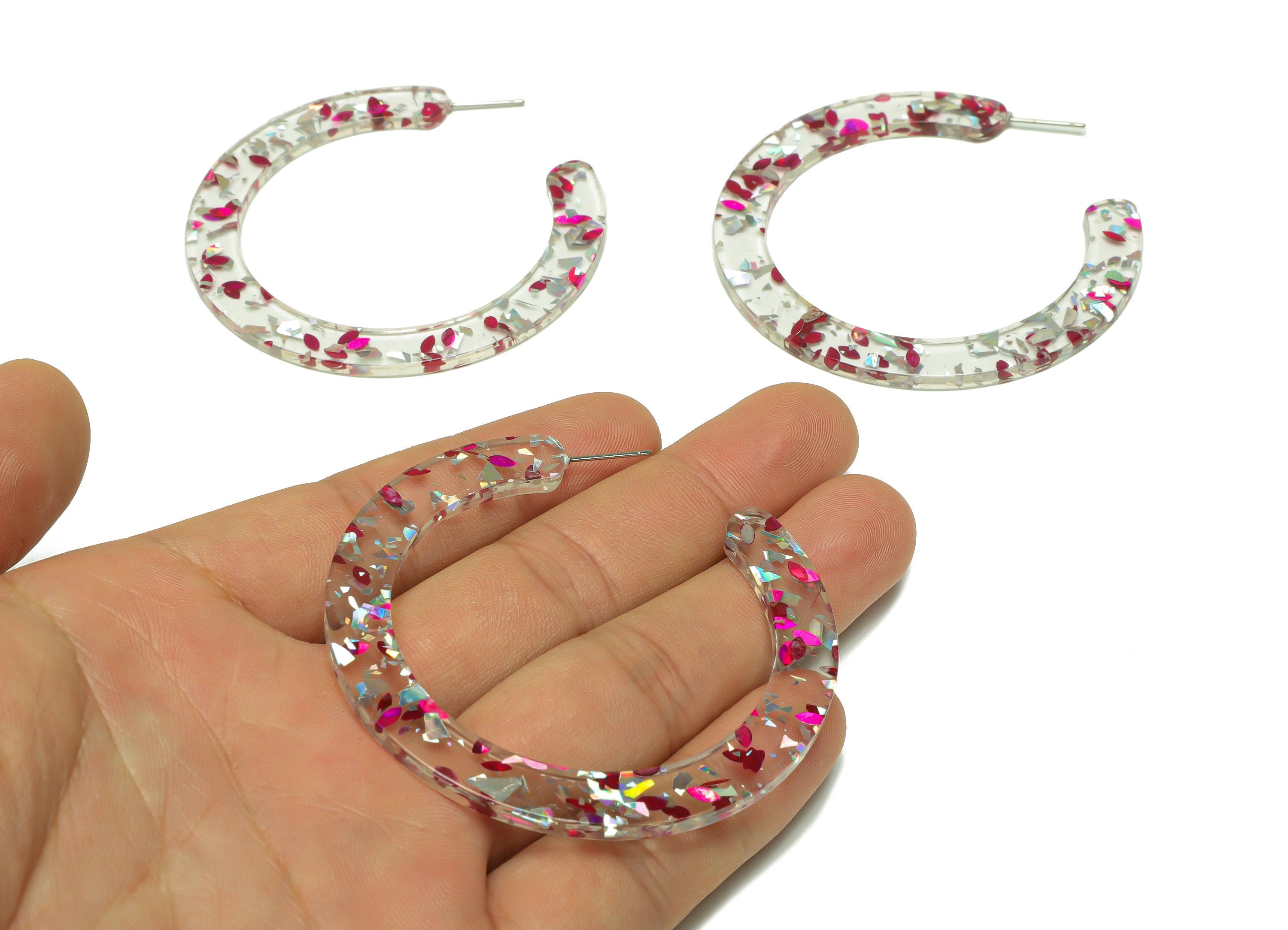 Acrylic Hoop Earrings Stud - Acrylic Open Hoop Earring - Silver Pink Foil Transparent Earring Hoop - Color Code:438- 61x60x2mm - AC2615-A438 - DOMEDBAZAAR