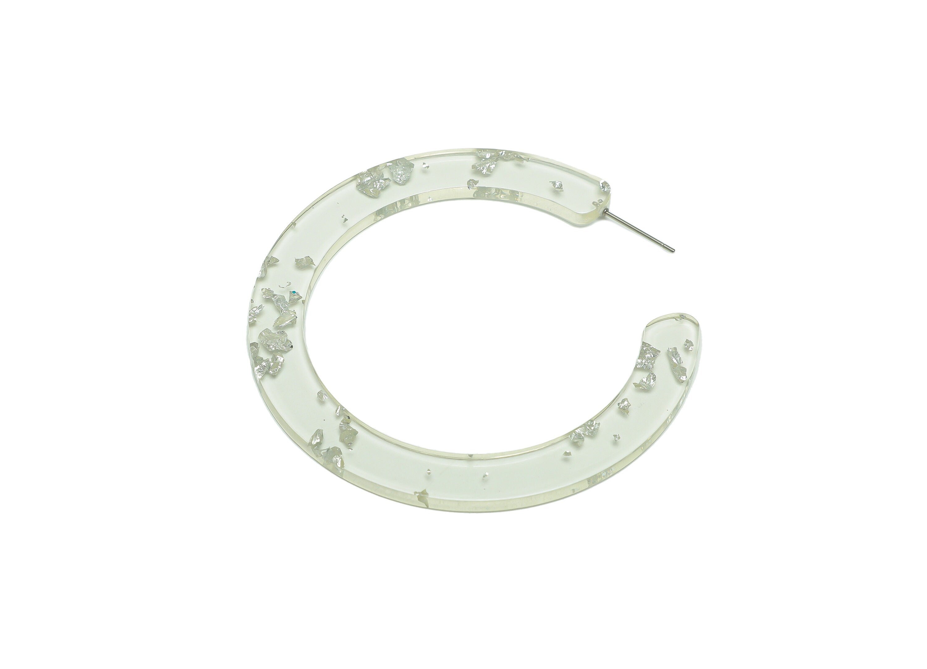 Acrylic Hoop Earrings Stud - Acrylic Open Hoop Earring - Round Earring Post - Silver Foil & Confetti - Color Code:254- 61x60x2mm-AC2615-A254 - DOMEDBAZAAR