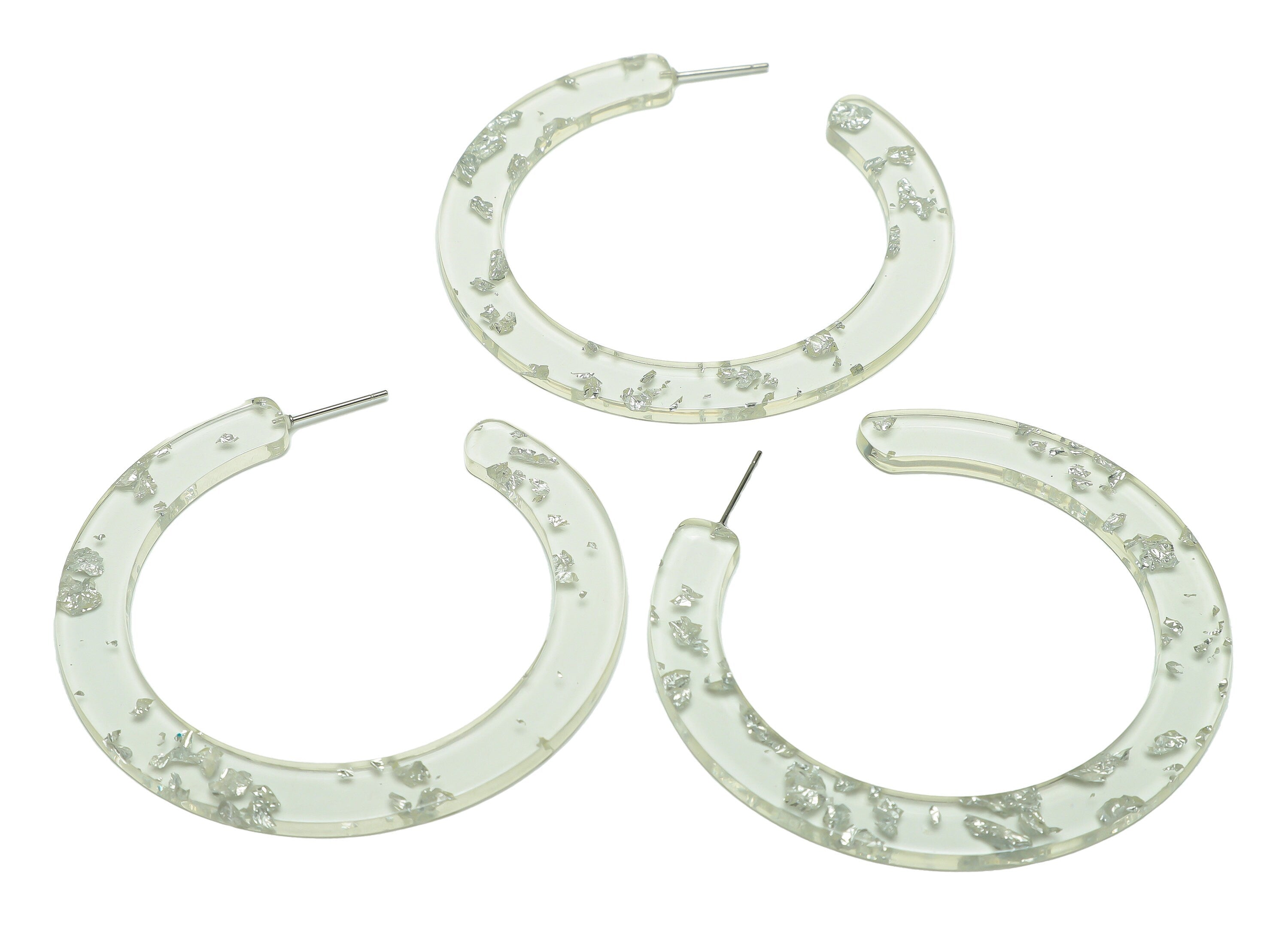 Acrylic Hoop Earrings Stud - Acrylic Open Hoop Earring - Round Earring Post - Silver Foil & Confetti - Color Code:254- 61x60x2mm-AC2615-A254 - DOMEDBAZAAR