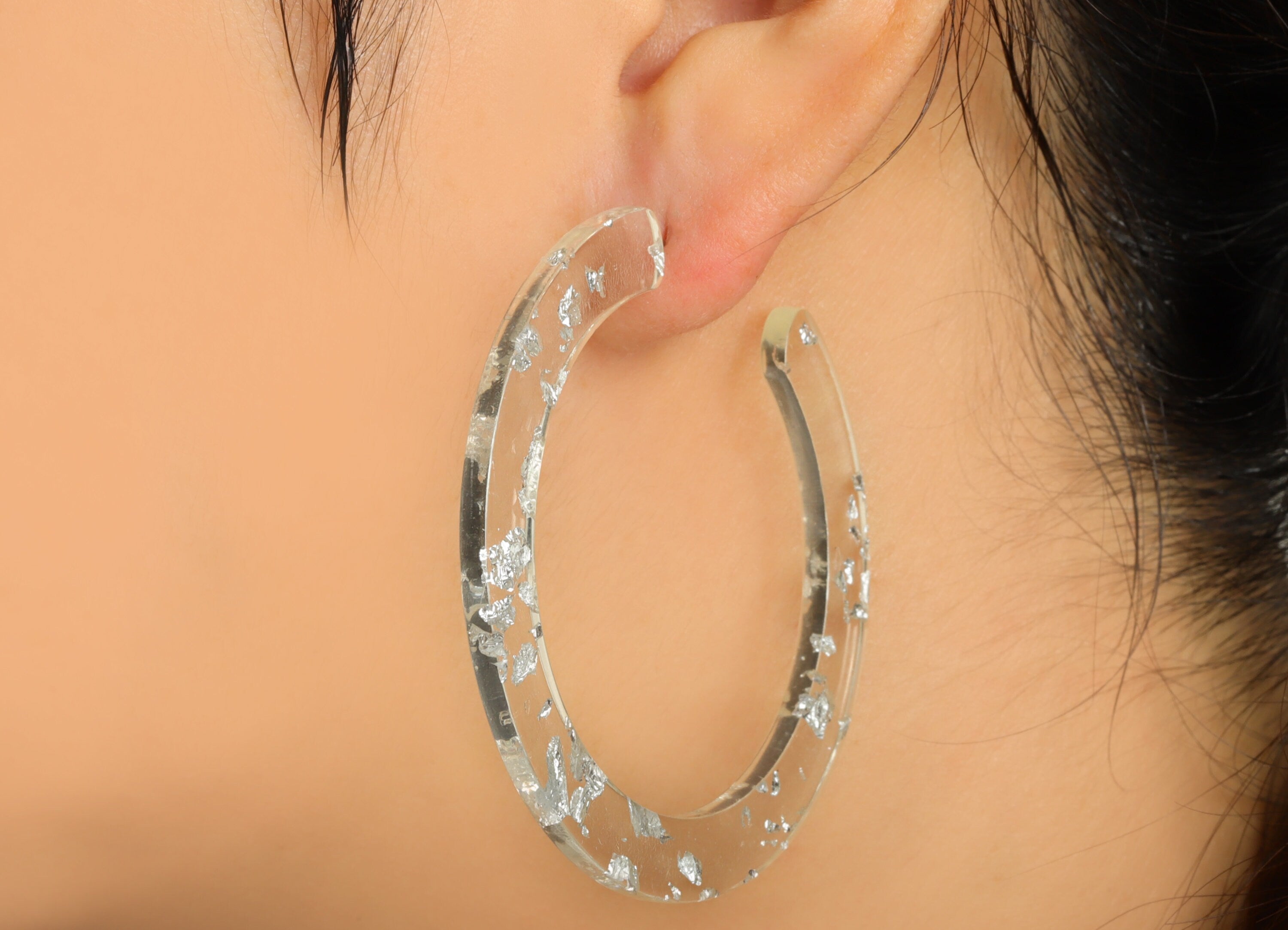 Acrylic Hoop Earrings Stud - Acrylic Open Hoop Earring - Round Earring Post - Silver Foil & Confetti - Color Code:254- 61x60x2mm-AC2615-A254 - DOMEDBAZAAR