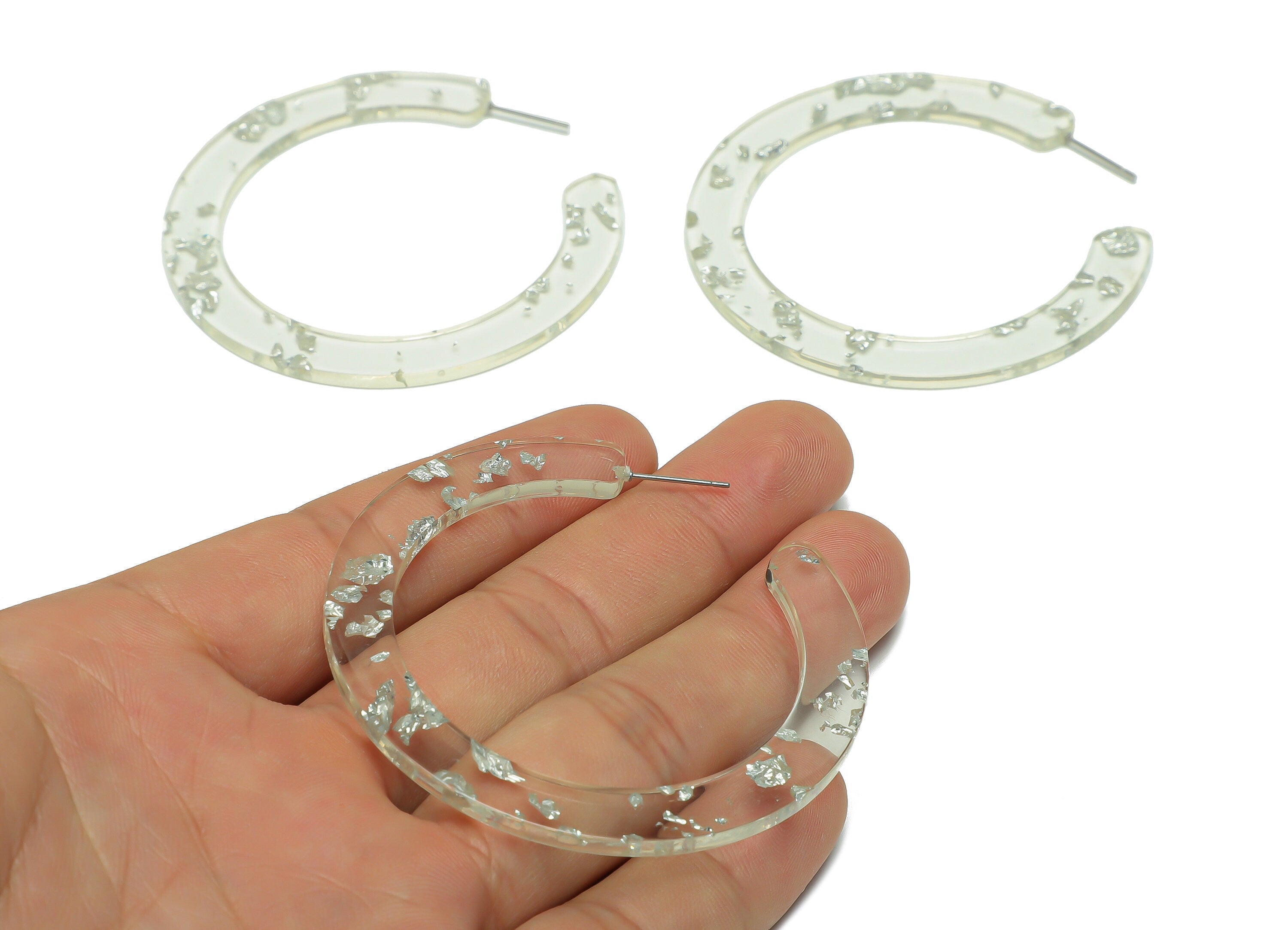 Acrylic Hoop Earrings Stud - Acrylic Open Hoop Earring - Round Earring Post - Silver Foil & Confetti - Color Code:254- 61x60x2mm-AC2615-A254 - DOMEDBAZAAR