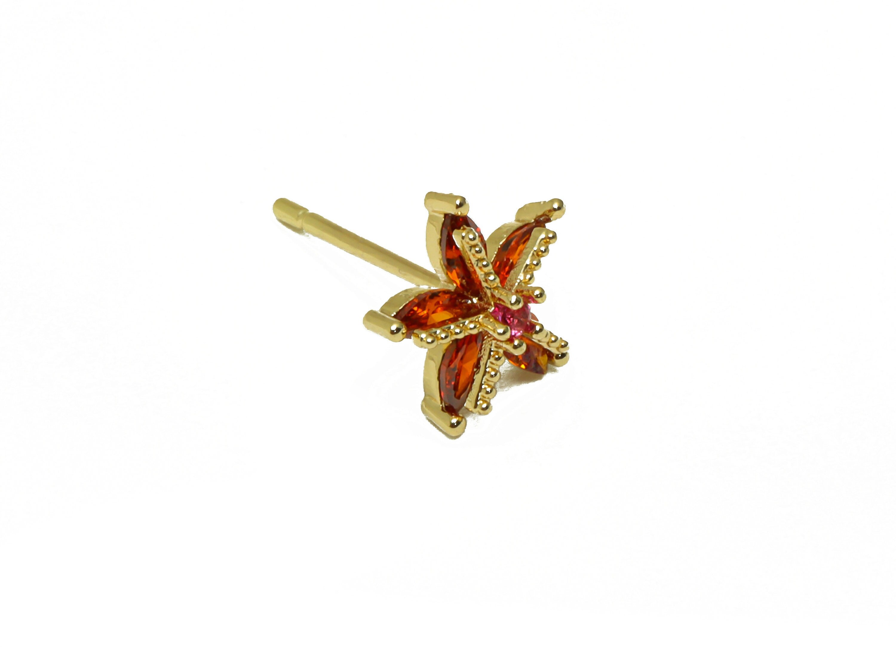 Brass Flower Earring Stud - Red Cubic Zirconia Earring Post - Brass Botanical Earring Post - 18K Real Gold Plated - 9.5x9.5x4.55mm - RGP6730 - DOMEDBAZAAR