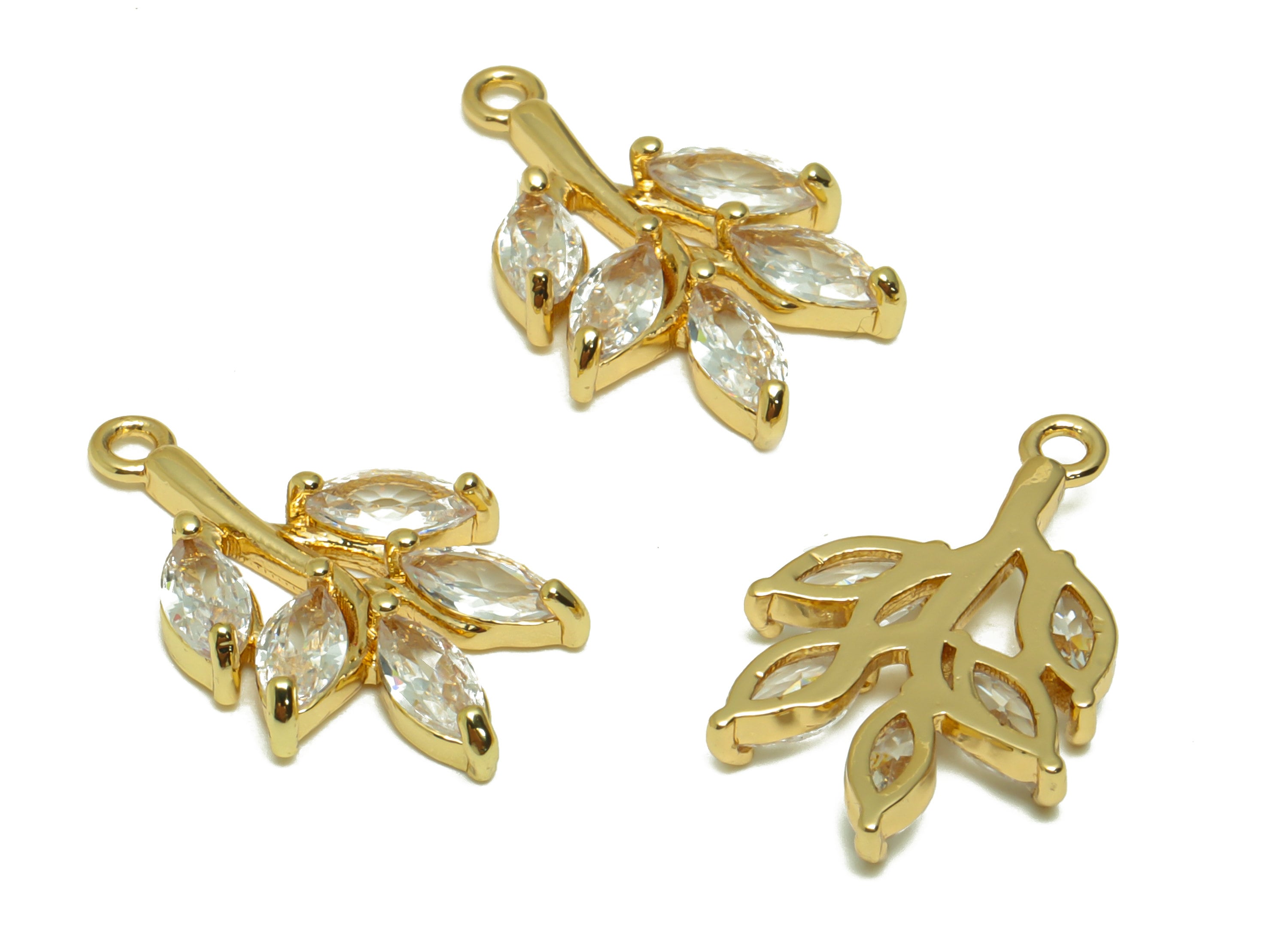 Brass Leaf Earring Charms - Brass Branch Pendant - Cubic Zirconia Botanical Earring Findings - 18K Real Gold Plated - 21x13x2.9mm - RGP6727 - DOMEDBAZAAR
