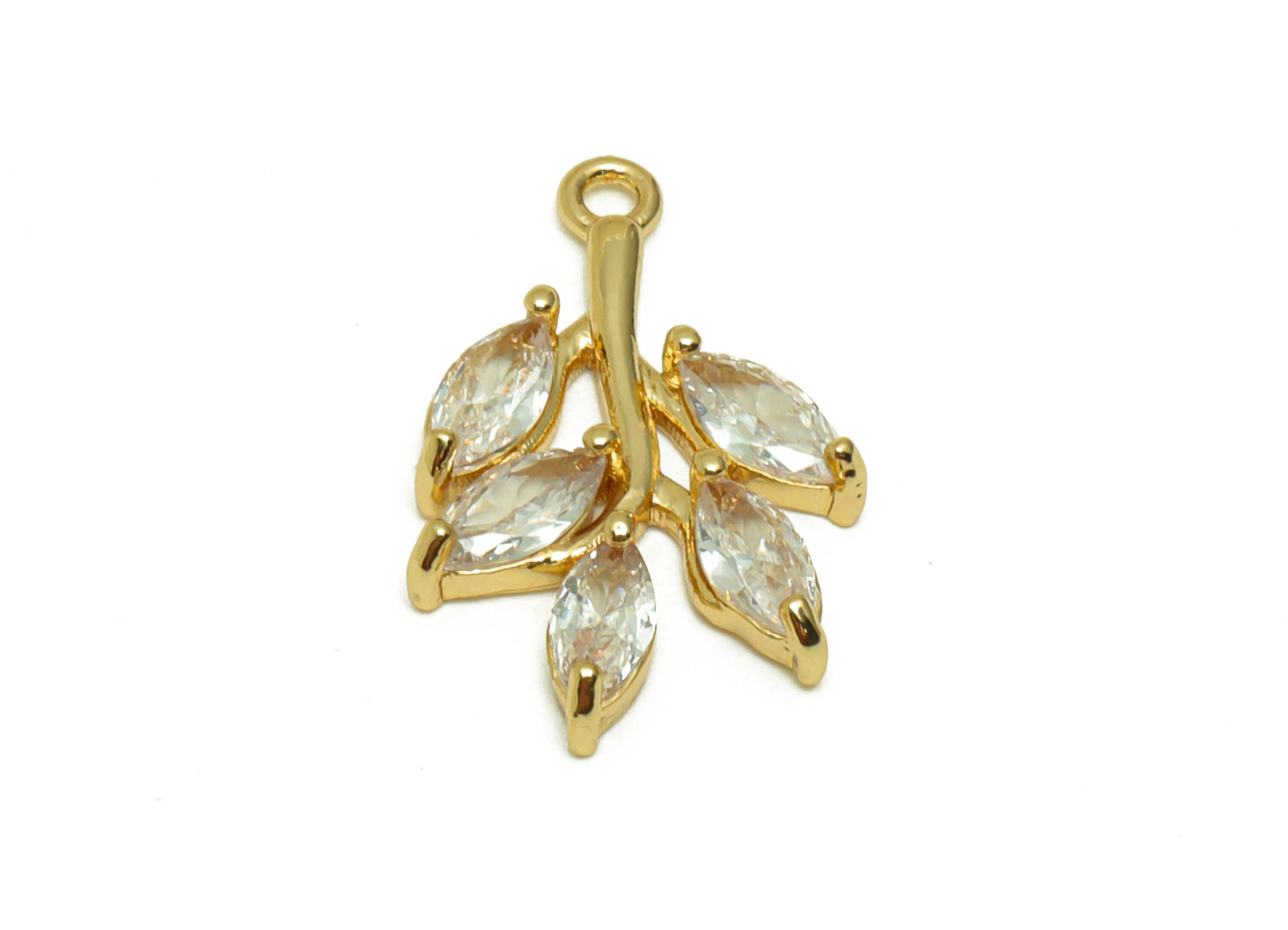 Brass Leaf Earring Charms - Brass Branch Pendant - Cubic Zirconia Botanical Earring Findings - 18K Real Gold Plated - 21x13x2.9mm - RGP6727 - DOMEDBAZAAR