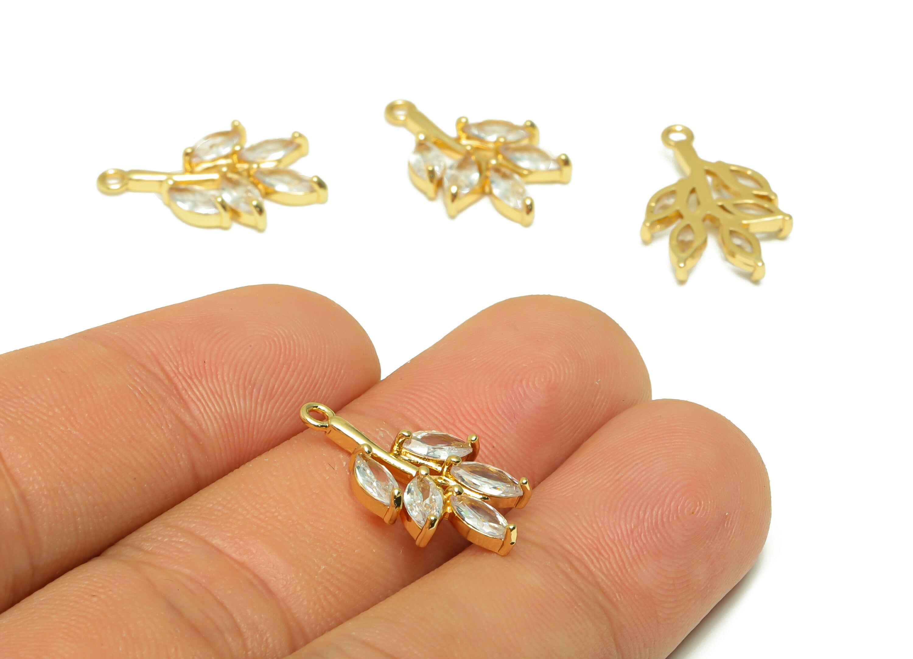 Brass Leaf Earring Charms - Brass Branch Pendant - Cubic Zirconia Botanical Earring Findings - 18K Real Gold Plated - 21x13x2.9mm - RGP6727 - DOMEDBAZAAR