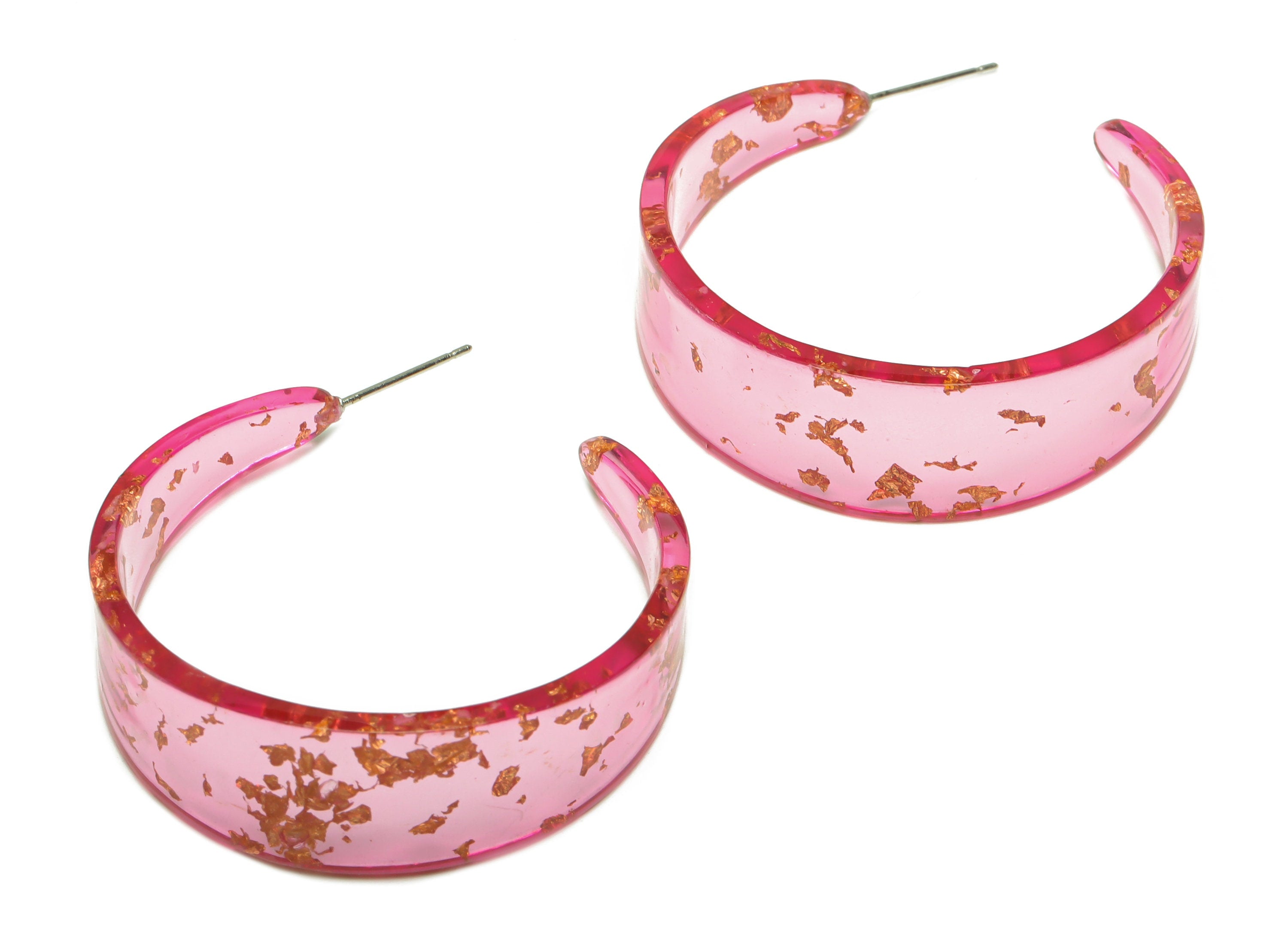 Acrylic Hoop Earrings Stud - Acrylic Wide Open Hoop Earring - Earring Post - Pink Foil & Confetti - Color Code:444- 43x43x3mm - AC2616-A444 - DOMEDBAZAAR