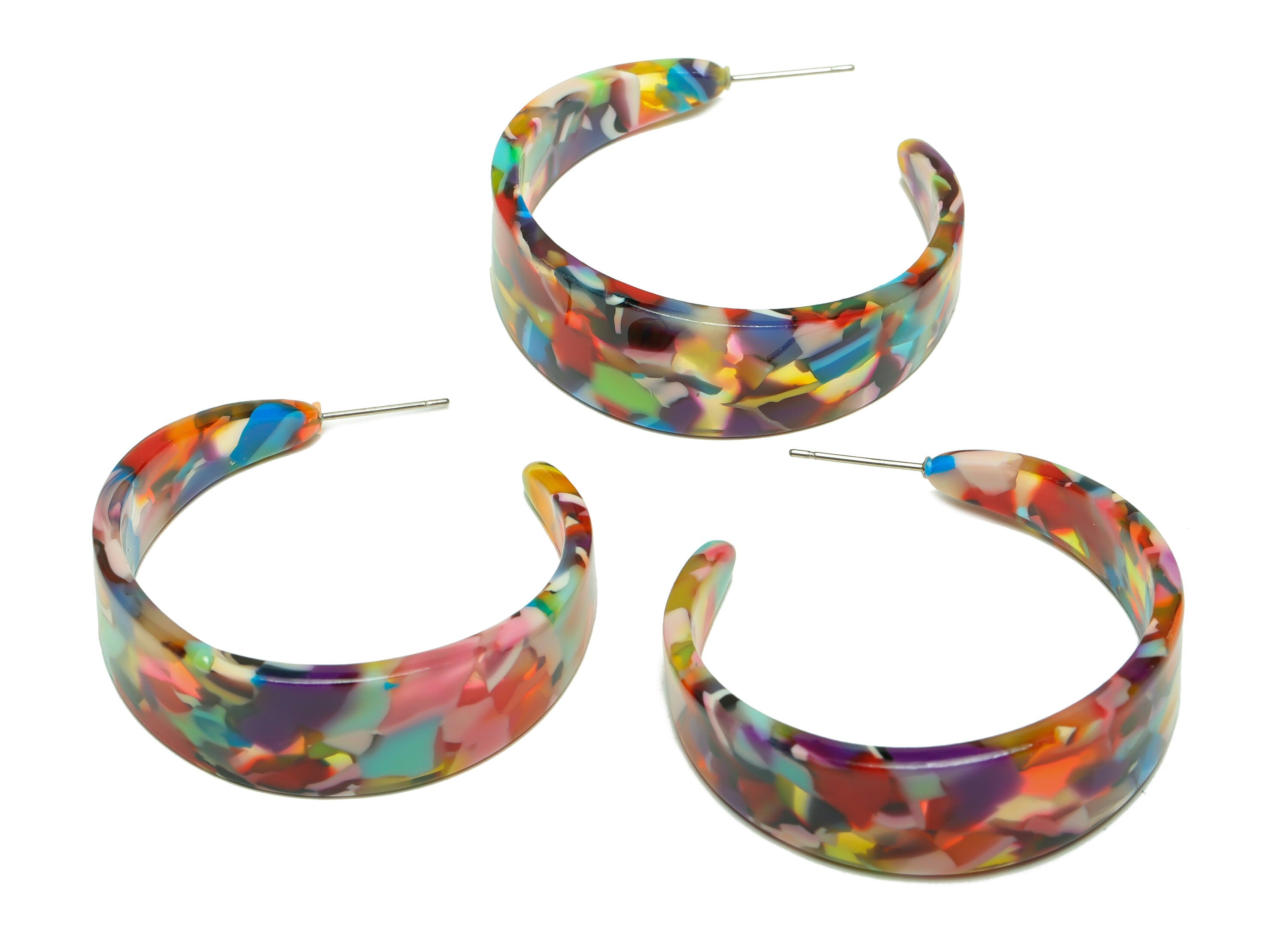 Acetate Hoop Earrings Stud -Acetate Wide Open Hoop Earring - Earring Post - Acetate Rainbow Stud - Color Code:21- 43x43x3mm - AC2616-A21 - DOMEDBAZAAR