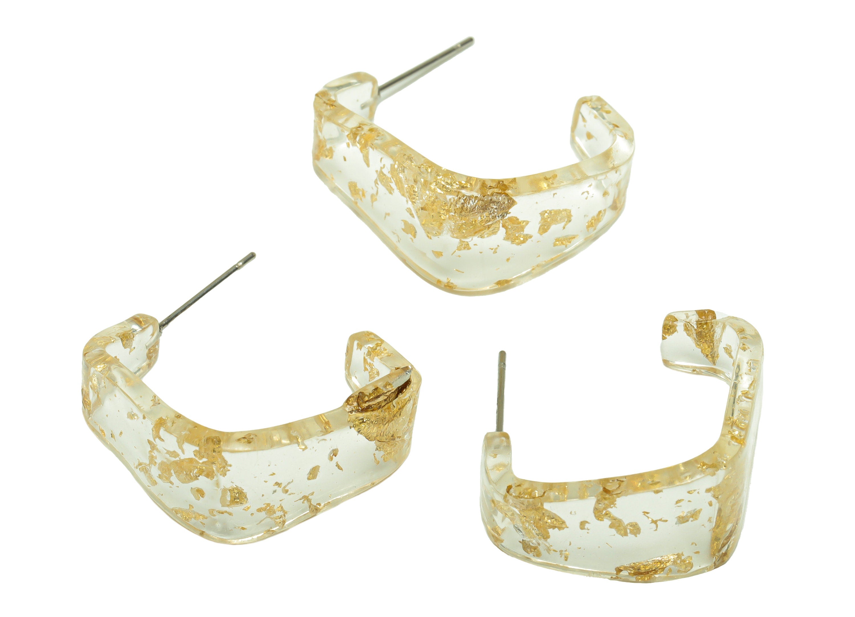 Acrylic Hoop Earrings Stud - Acrylic Wide Gold Foil & Confetti Earring - Square Earring Post - Color Code:979- 26x21x2.8mm - AC2617-A979 - DOMEDBAZAAR