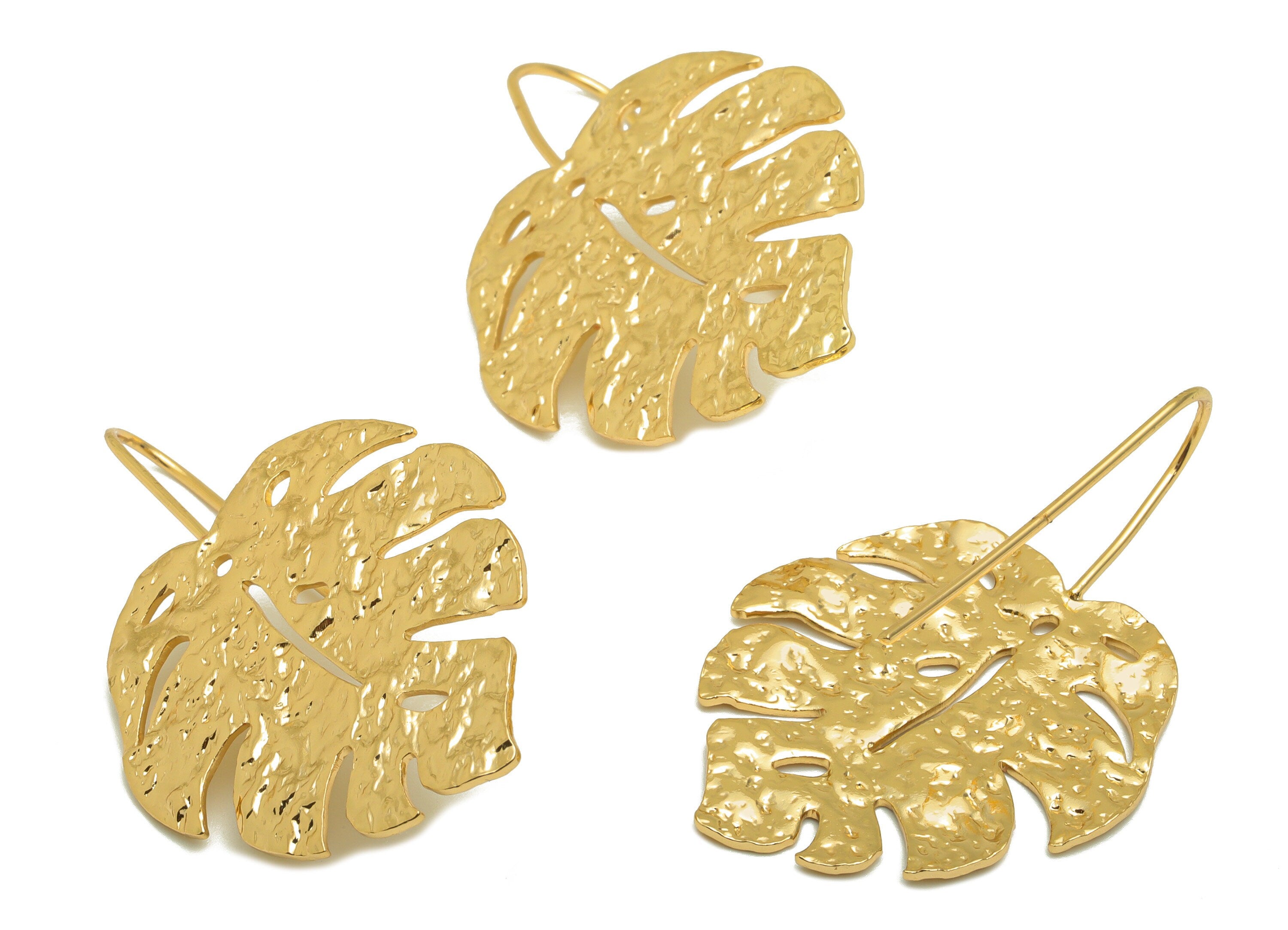 Brass Monstera Earring Wire - Hammered Leaf Earring Hook - Brass Botanical Ear Hooks - 18K Real Gold Plated - 42x 28.88x 1.42mm - RGP6719 - DOMEDBAZAAR
