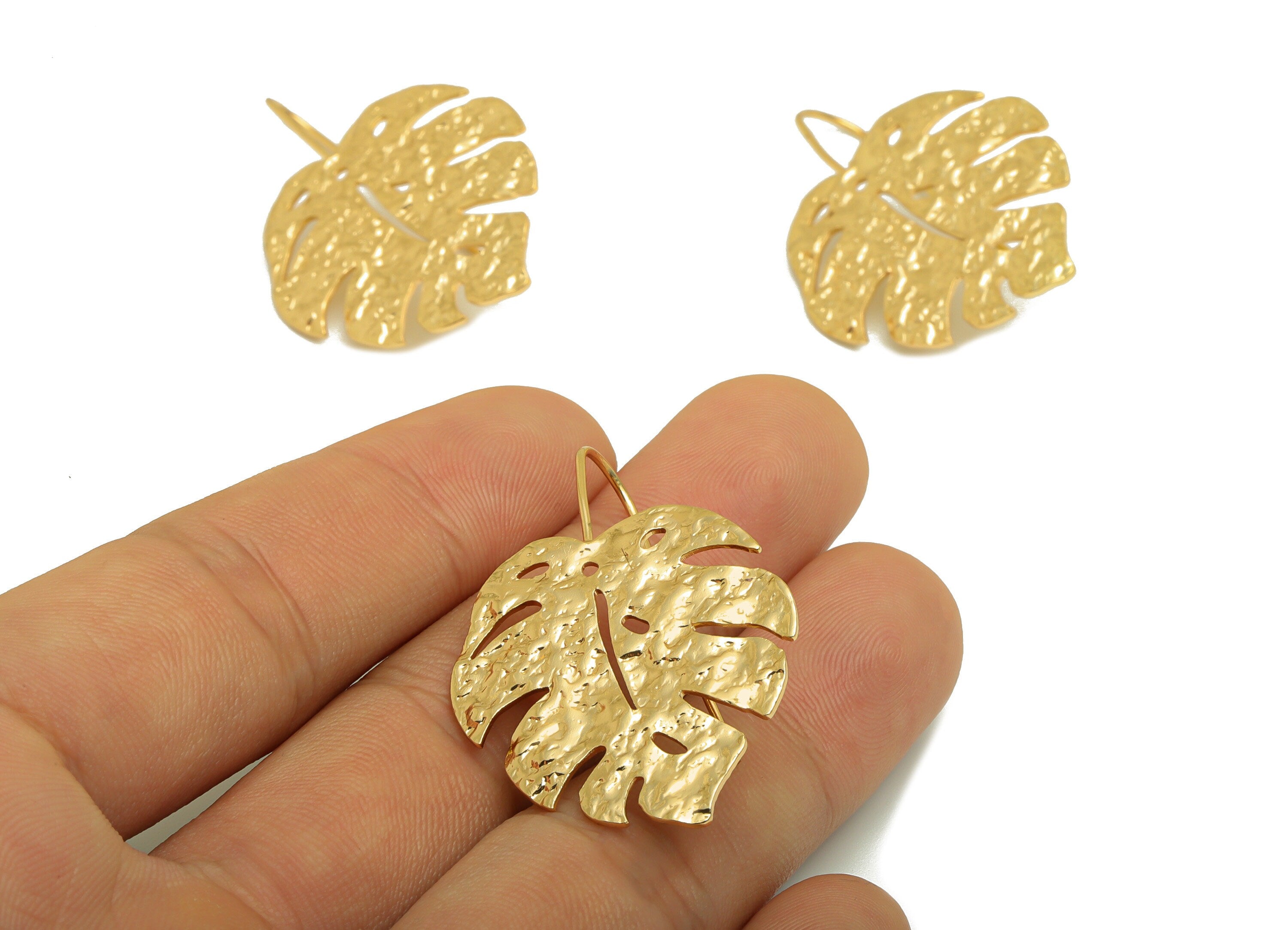 Brass Monstera Earring Wire - Hammered Leaf Earring Hook - Brass Botanical Ear Hooks - 18K Real Gold Plated - 42x 28.88x 1.42mm - RGP6719 - DOMEDBAZAAR