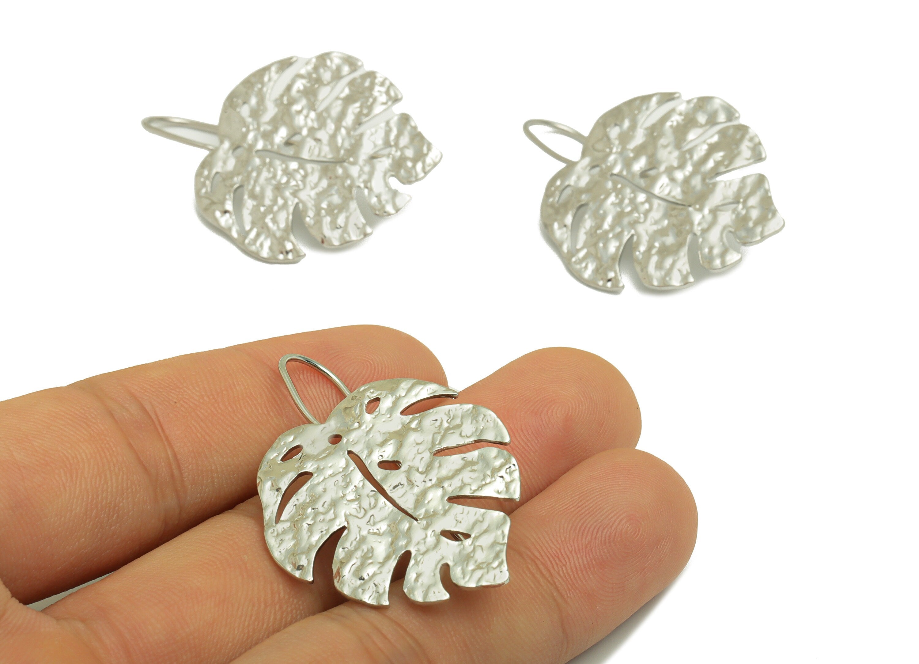 Brass Monstera Earring Wire - Hammered Leaf Earring Hook - Brass Botanical Ear Hooks - 18K Real White Gold - 42x 28.88x 1.42mm - RGP6719S - DOMEDBAZAAR
