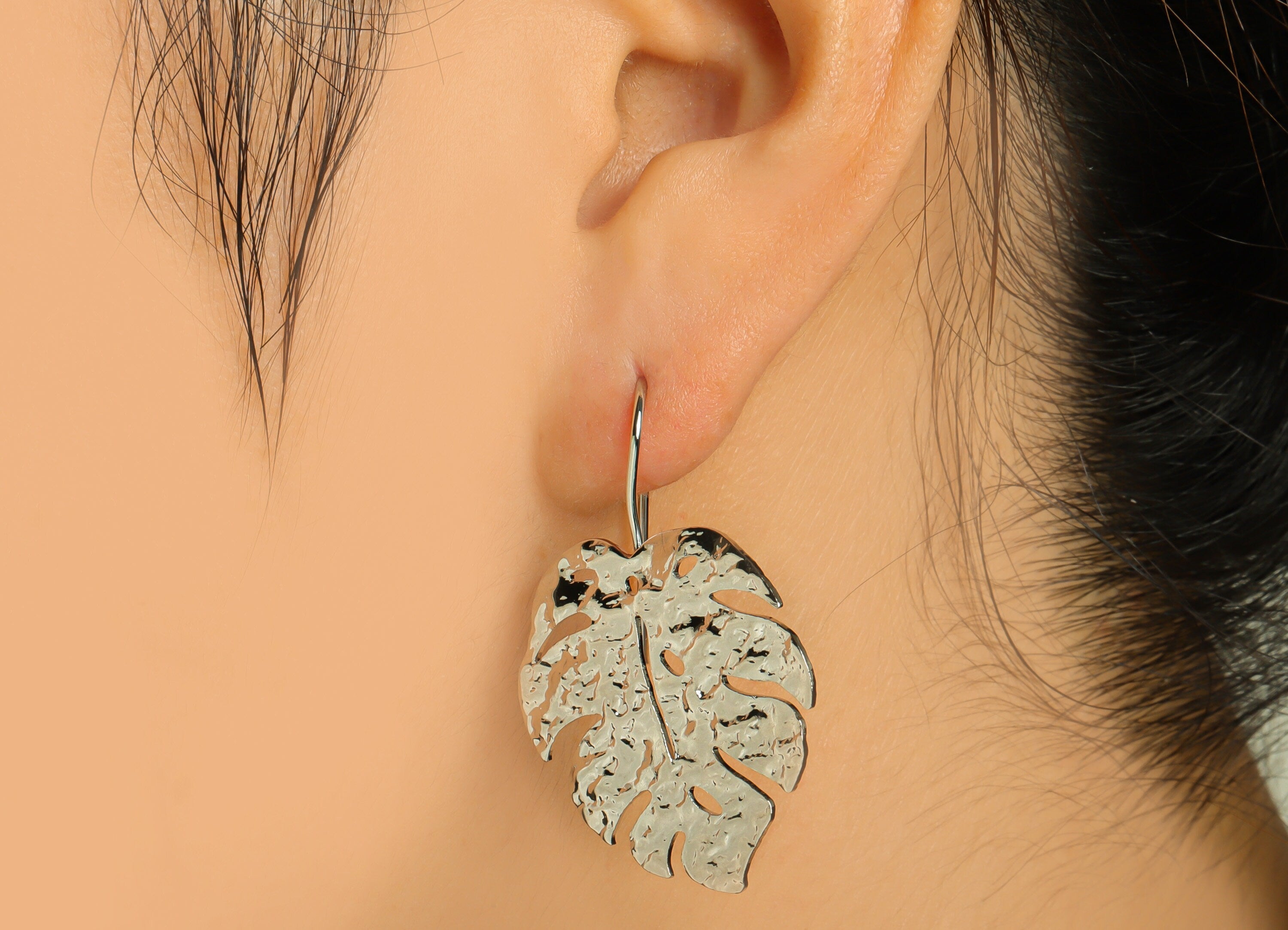 Brass Monstera Earring Wire - Hammered Leaf Earring Hook - Brass Botanical Ear Hooks - 18K Real White Gold - 42x 28.88x 1.42mm - RGP6719S - DOMEDBAZAAR