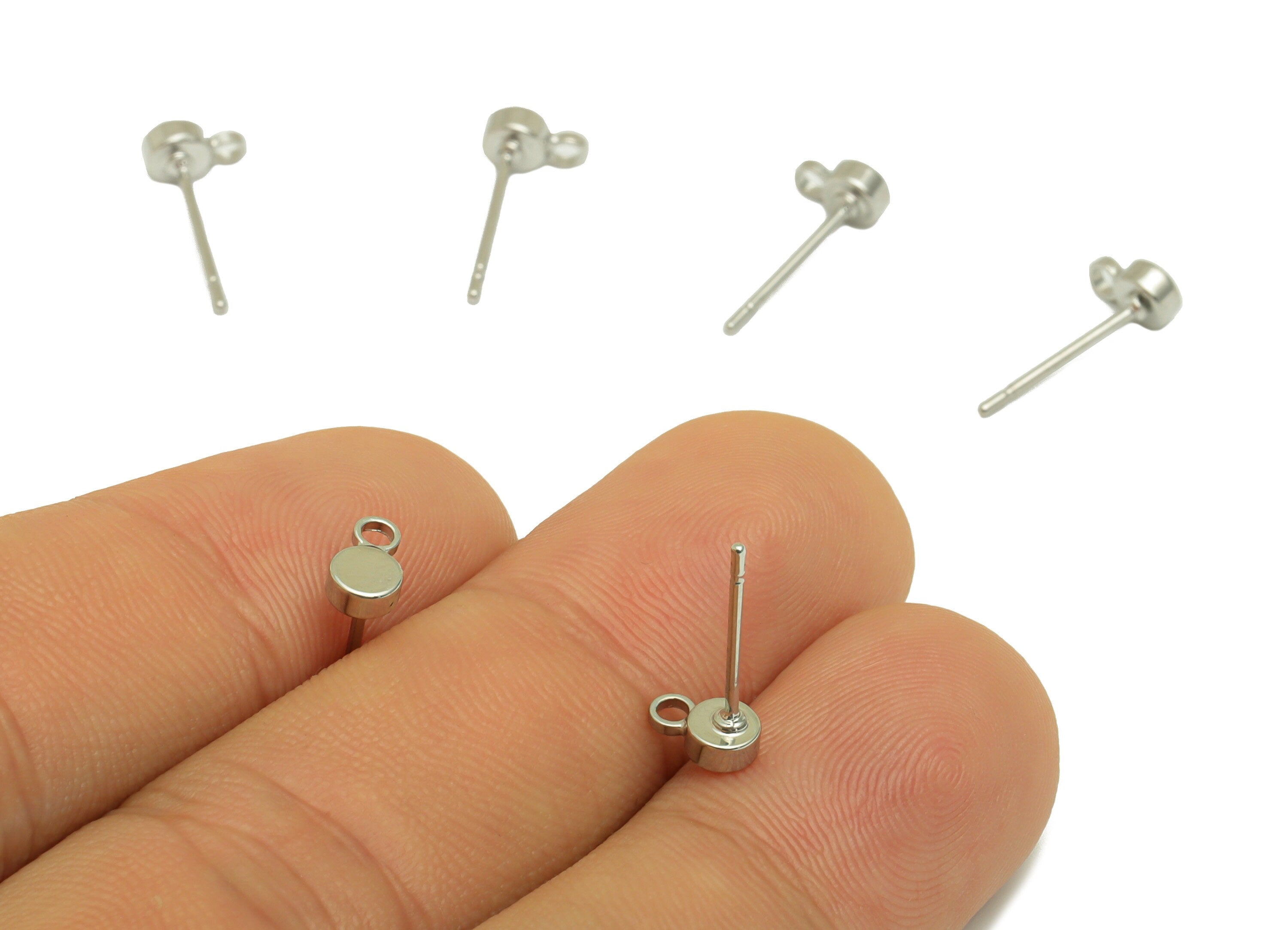 Brass Mini Round Earring Post - Thick Circle Stud Earring With Loop - 316 Stainless Steel - 18K Real White Gold - 6.6x4x2.1mm-RGP5430S - DOMEDBAZAAR