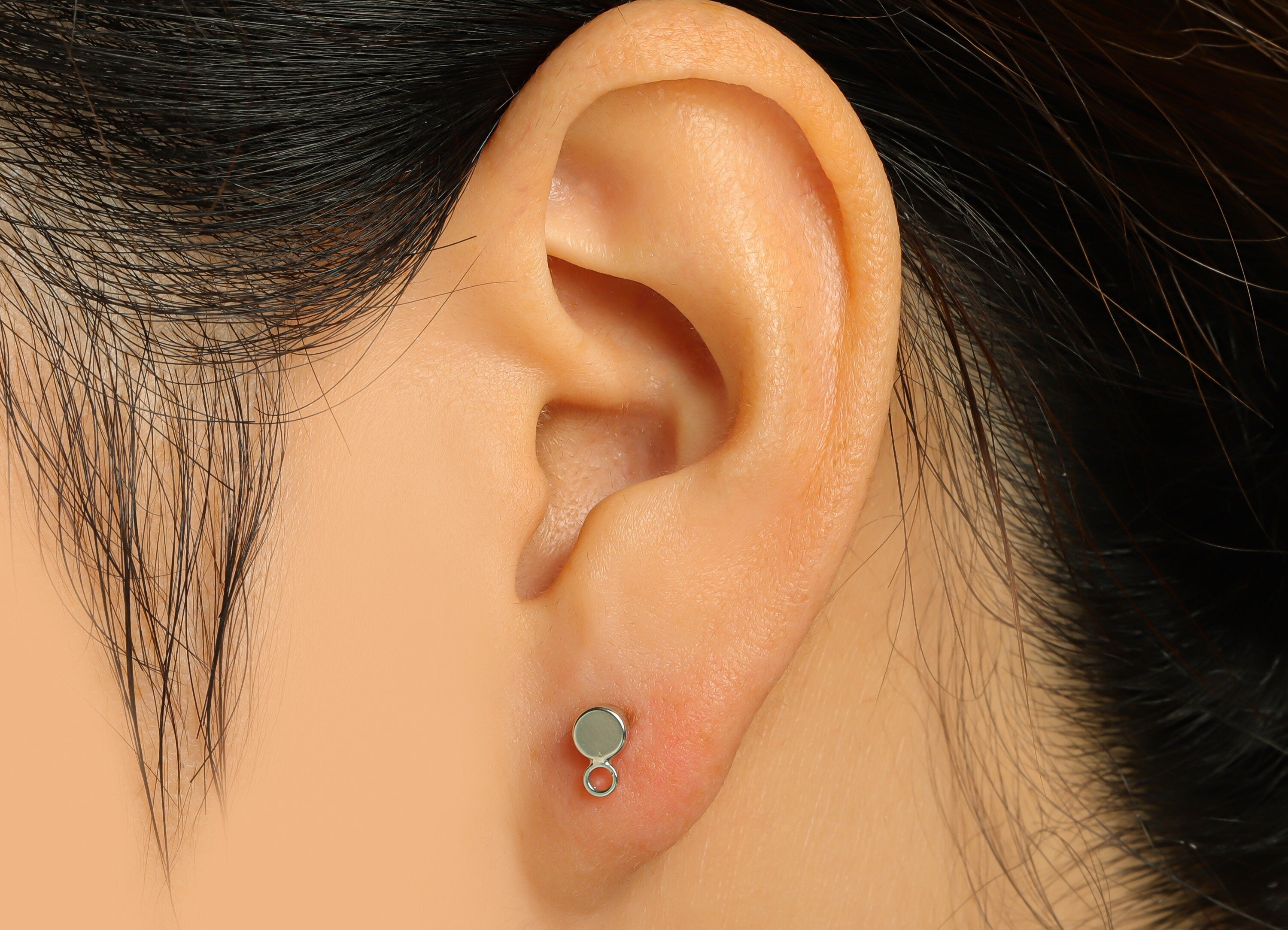 Brass Mini Round Earring Post - Thick Circle Stud Earring With Loop - 316 Stainless Steel - 18K Real White Gold - 6.6x4x2.1mm-RGP5430S - DOMEDBAZAAR