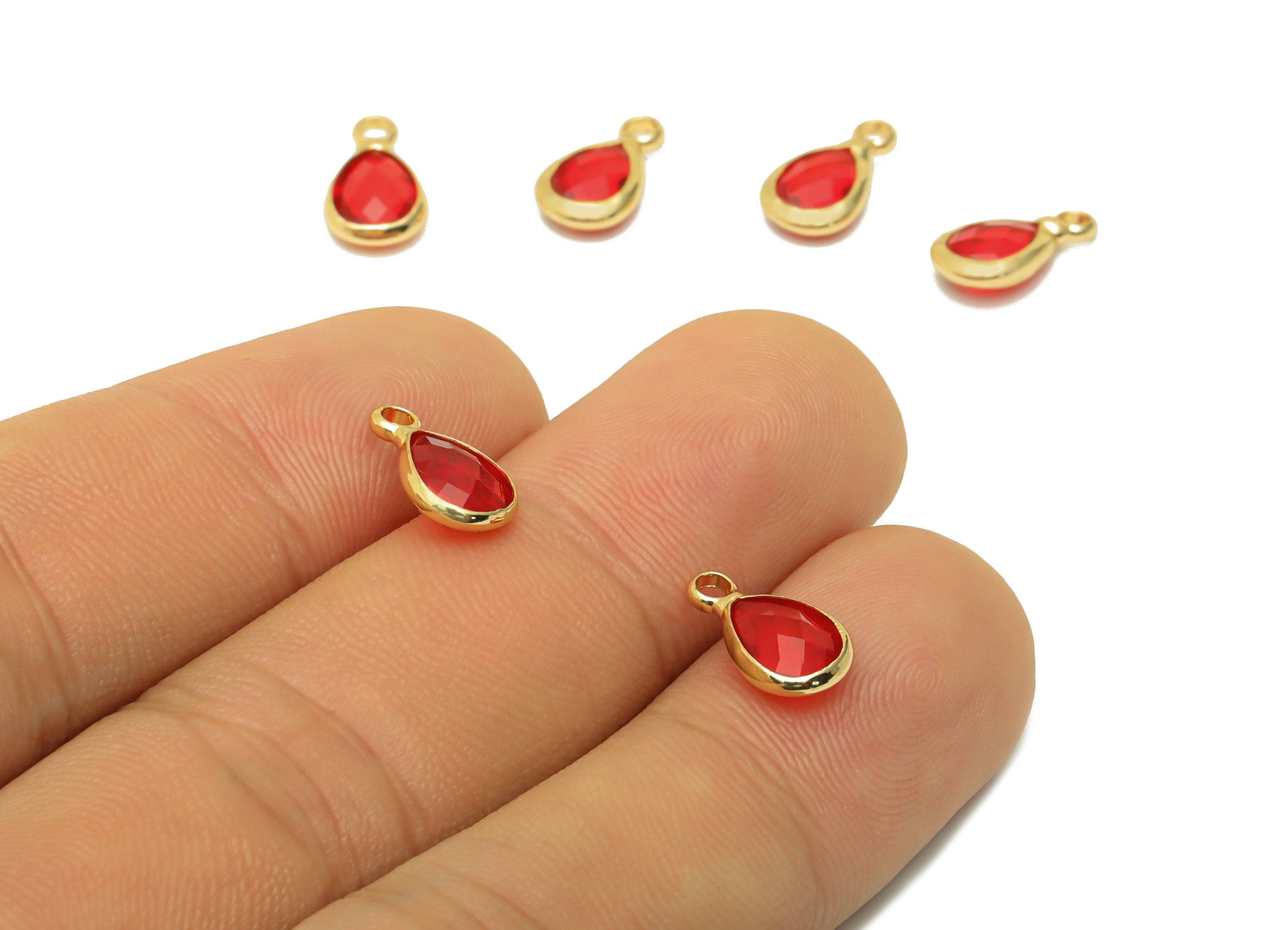 Glass Mini Drop Earring Charms - Brass Teardrop Frame Pendant - Gold Tone Plated Brass -Red Gloss Faceted Glass - 11.72x6.67x3.2mm - GS1068D - DOMEDBAZAAR