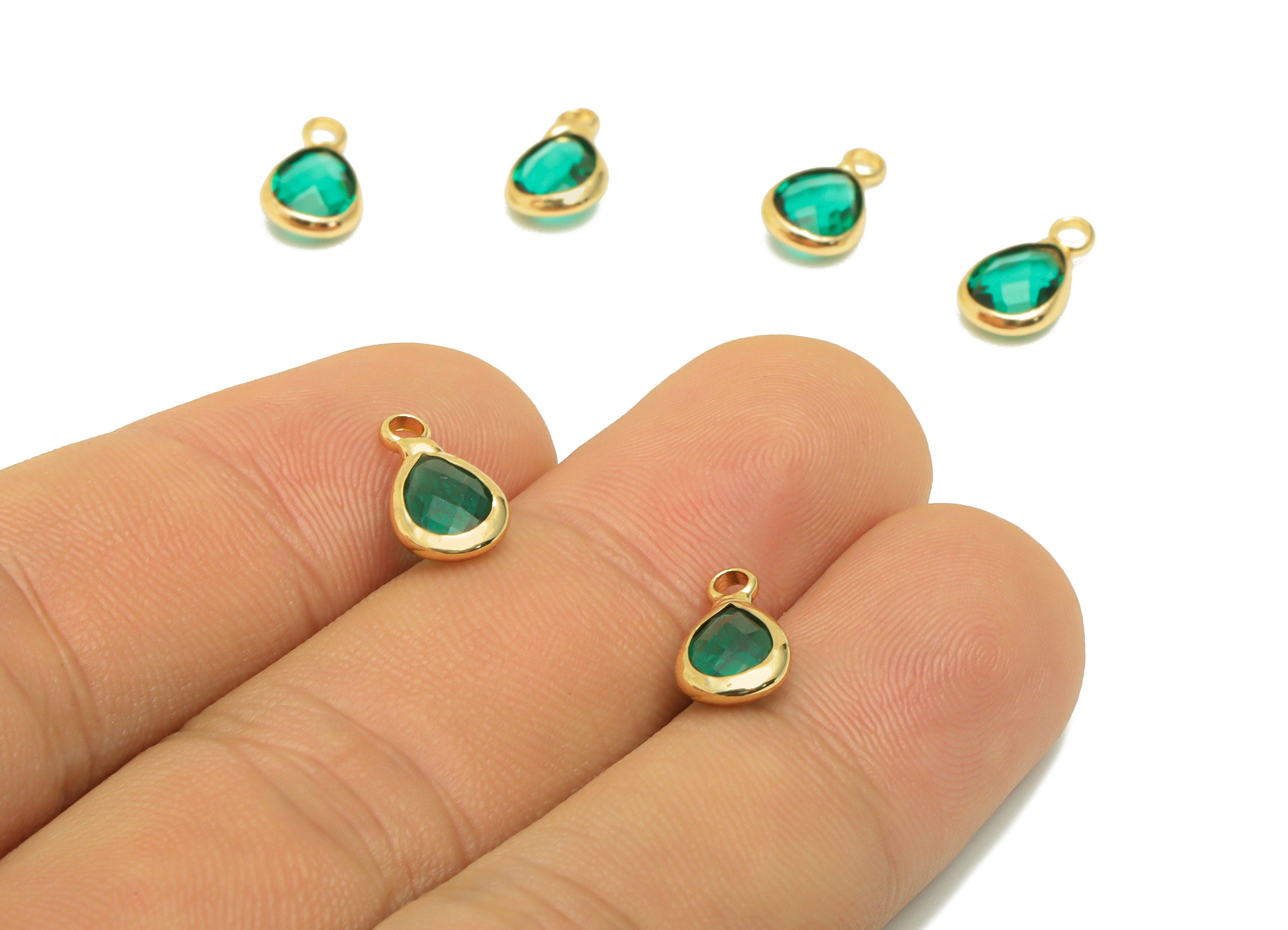 Glass Mini Drop Earring Charms - Brass Teardrop Frame Pendant - Gold Tone Plated Brass - Green Gloss Faceted Glass - 11.72x6x3mm - GS1068E - DOMEDBAZAAR
