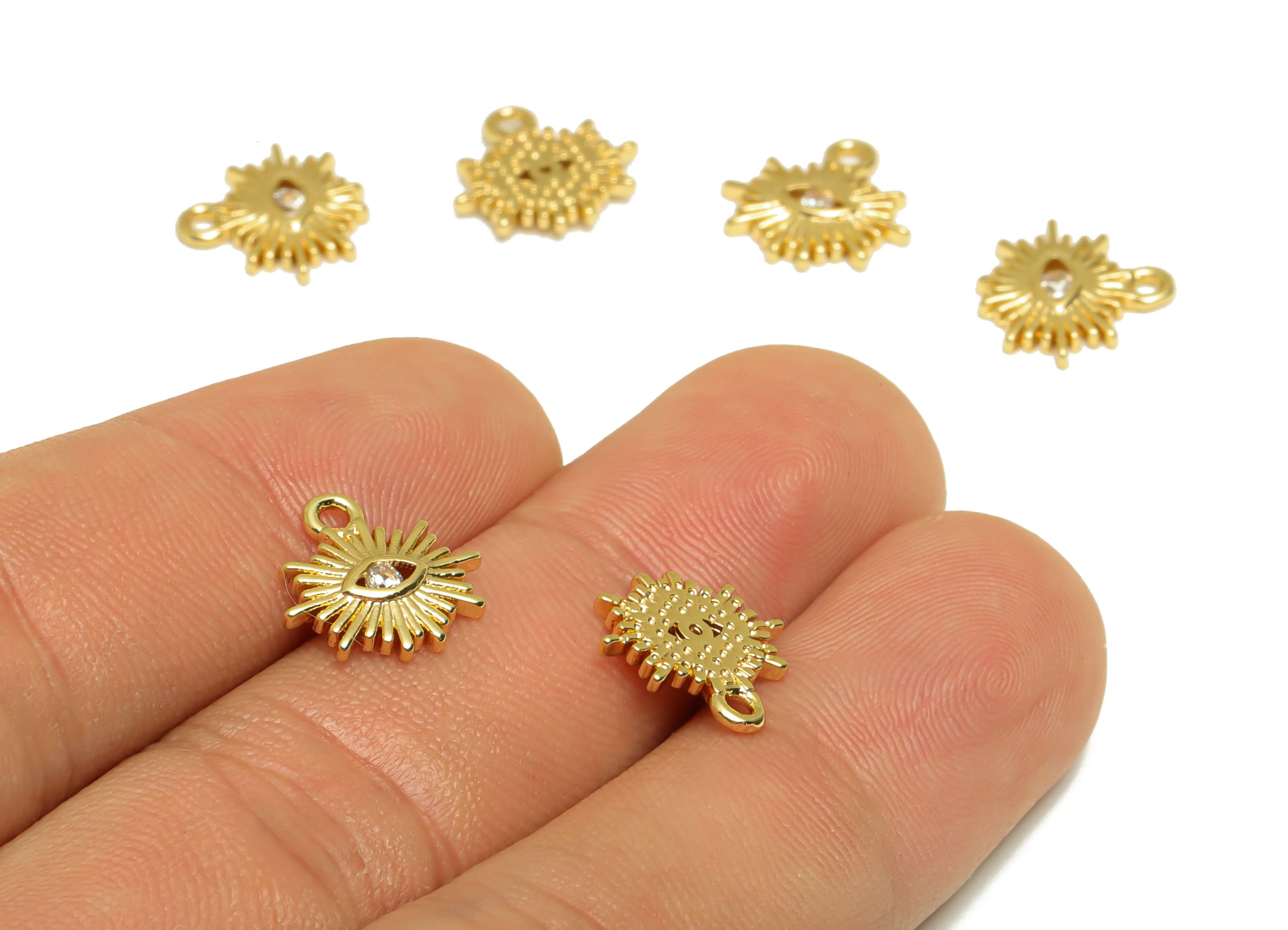 Brass Eye Earring Charm - Cubic Zircon Sunshine Earring Charm - Brass Mini Pendant -18K Real Gold Plated - 11.52x12.1x1.83mm - RGP6734 - DOMEDBAZAAR