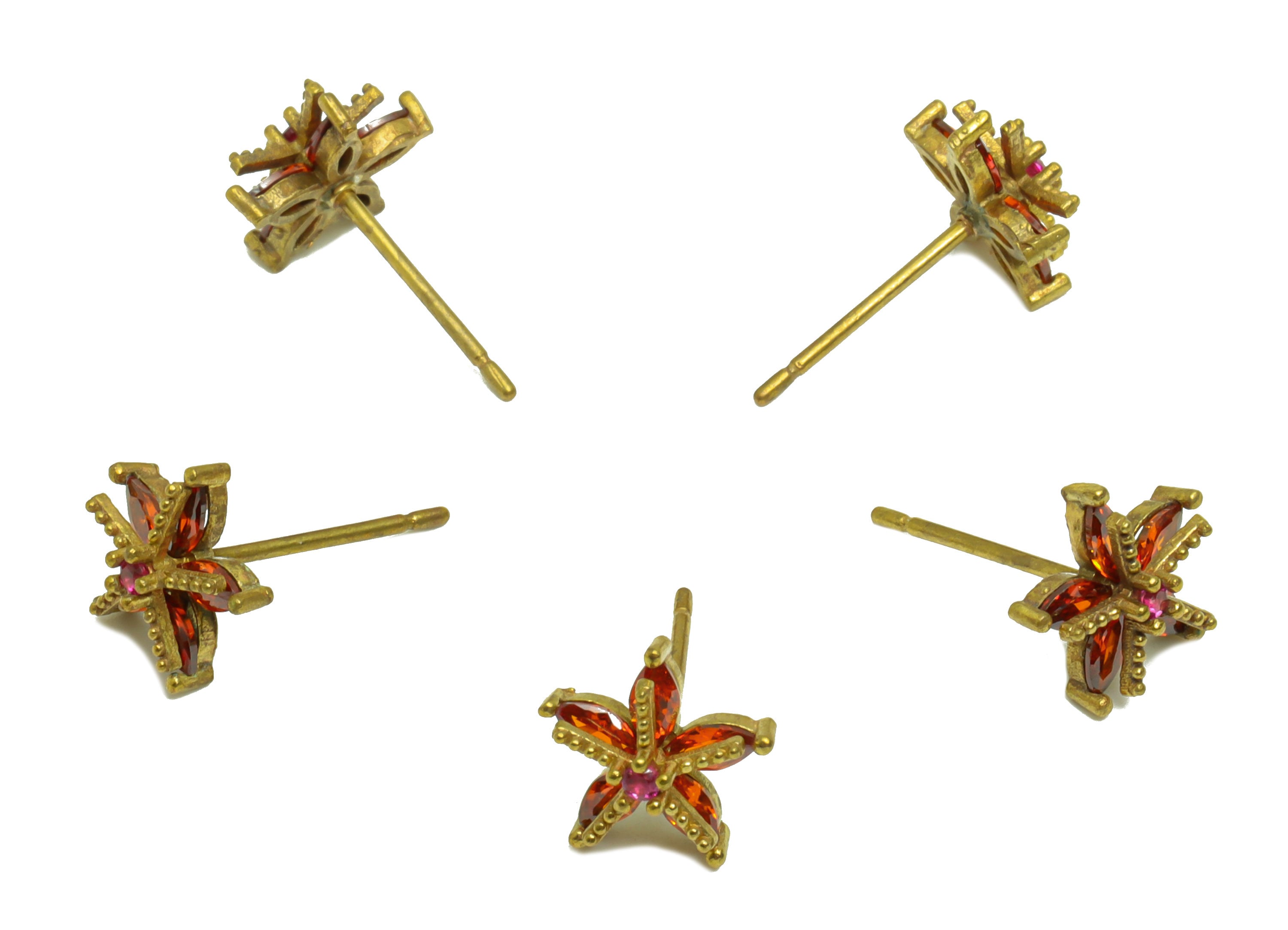 Brass Flower Earring Stud - Raw Brass Red Cubic Zirconia Earring Post - Brass Botanical Earring Post - 9.5x9.5x4.55mm - PP8626 - DOMEDBAZAAR