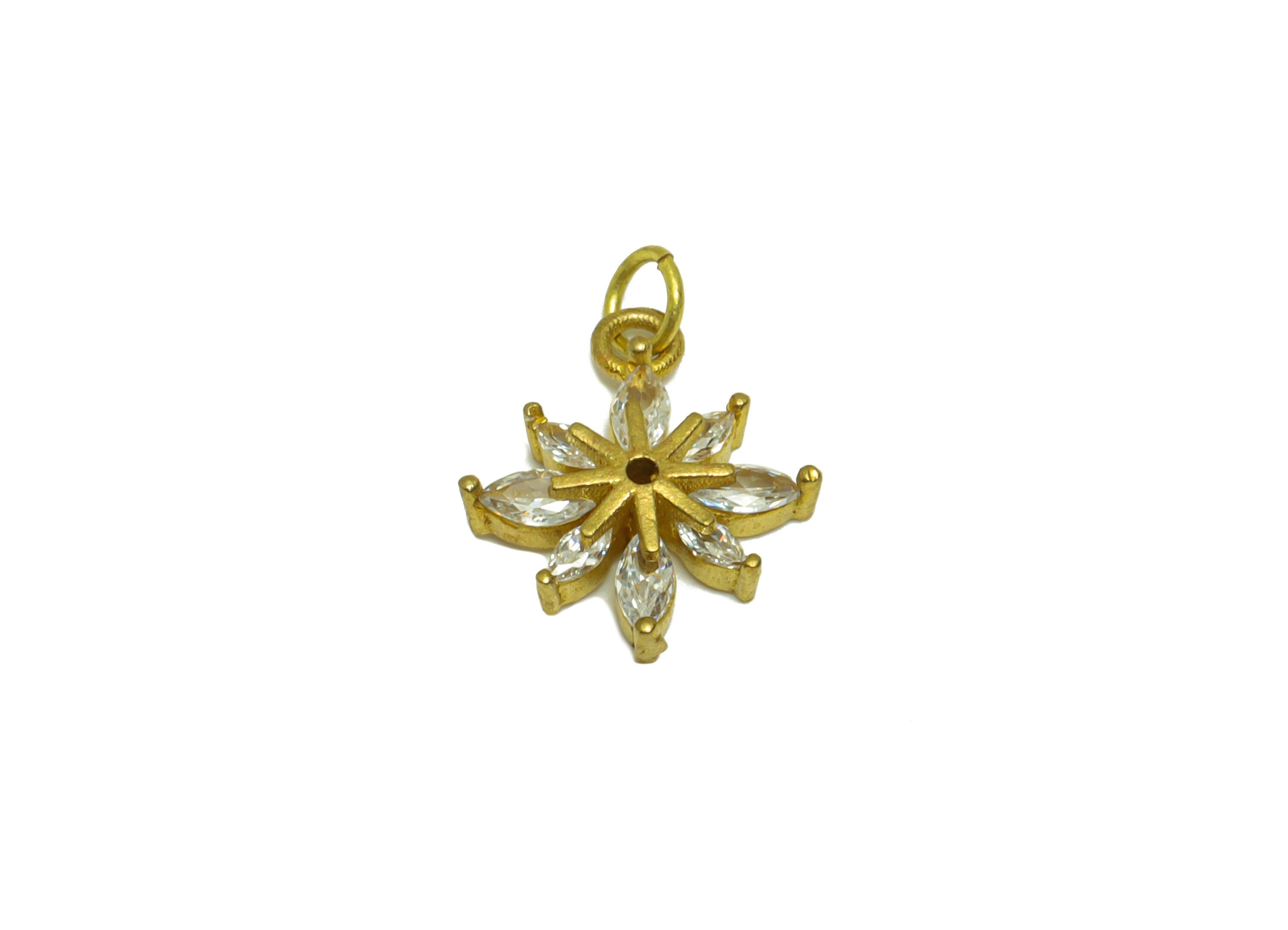 Brass Flower Earring Charm - Raw Brass Marquise CZ Pendant - Cubic Zirconia Botanical Earring Charm - 15x12x3mm - PP8627 - DOMEDBAZAAR