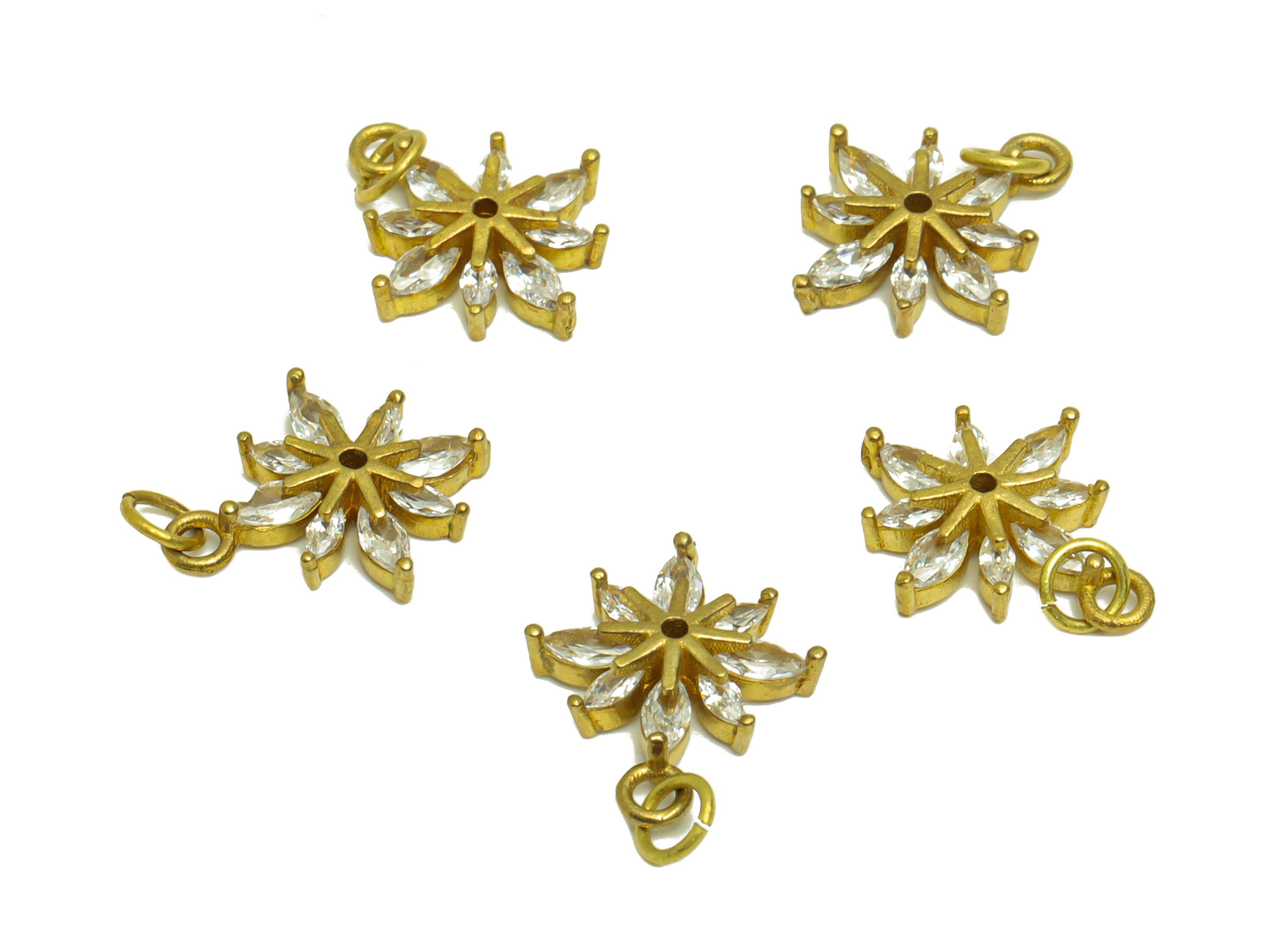 Brass Flower Earring Charm - Raw Brass Marquise CZ Pendant - Cubic Zirconia Botanical Earring Charm - 15x12x3mm - PP8627 - DOMEDBAZAAR