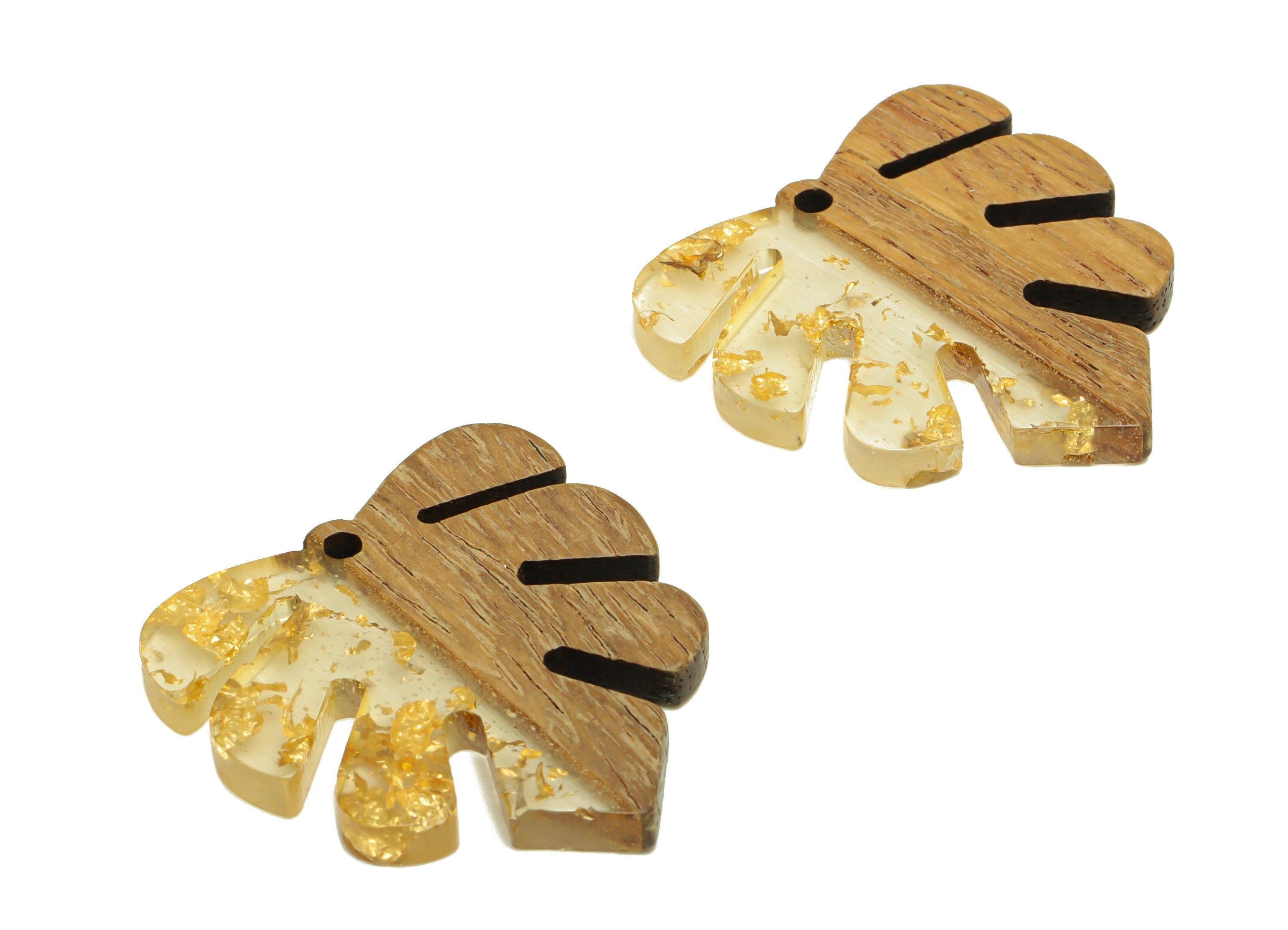 Epoxy Redwood Monstera Charm - Epoxy Resin Wood Leaf Pendant - Redwood and Resin Gold Confetti - Transparent Charm - 30.45x28x3mm - BB1094k - DOMEDBAZAAR
