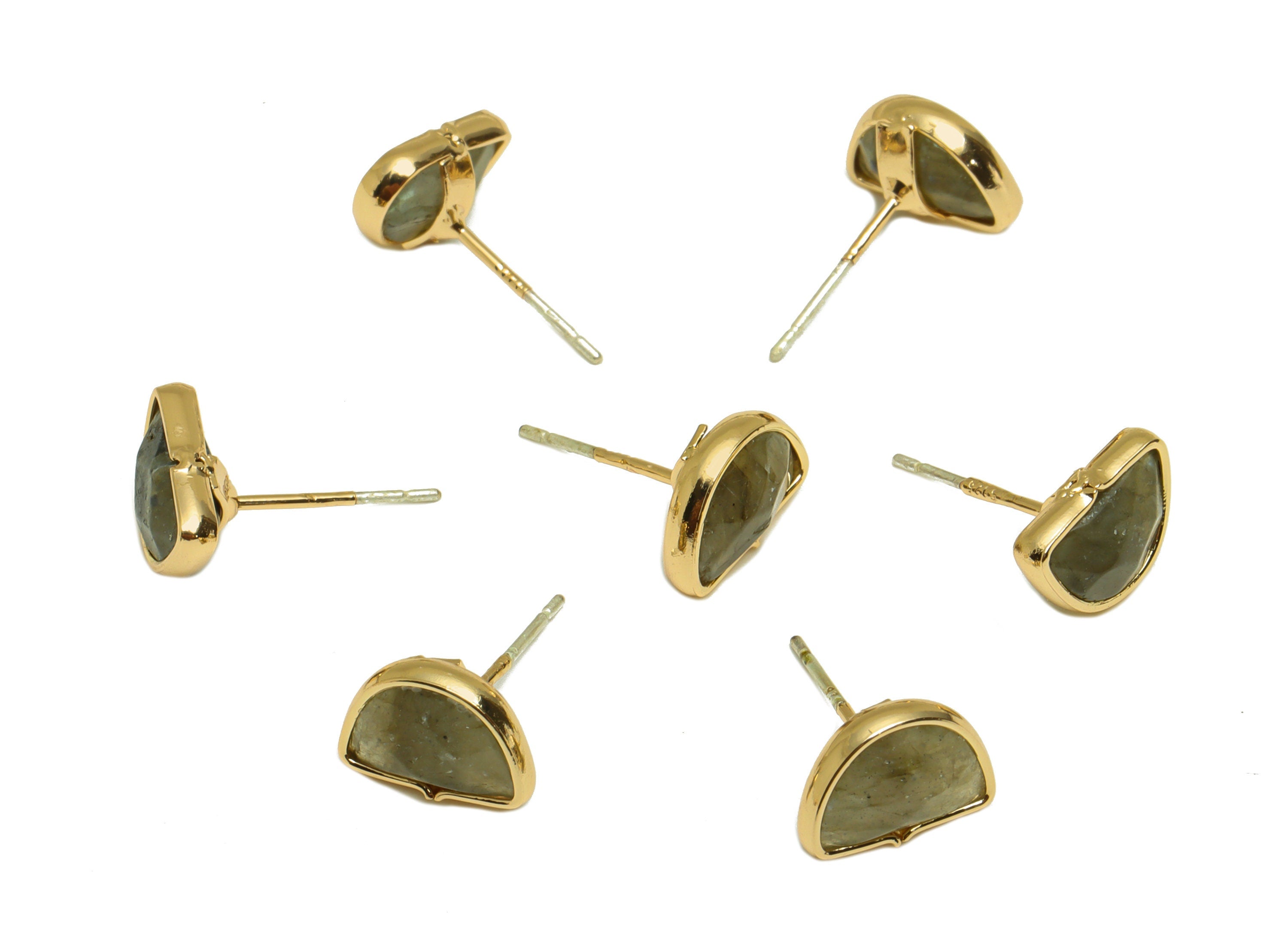 Gray Labradorite Stud Earrings - Gold Tone Plated Natural Stone Brass Post Earrings - Gold Tone Plated Brass -10.9x 7.92 x 5.23mm- NS1908 - DOMEDBAZAAR