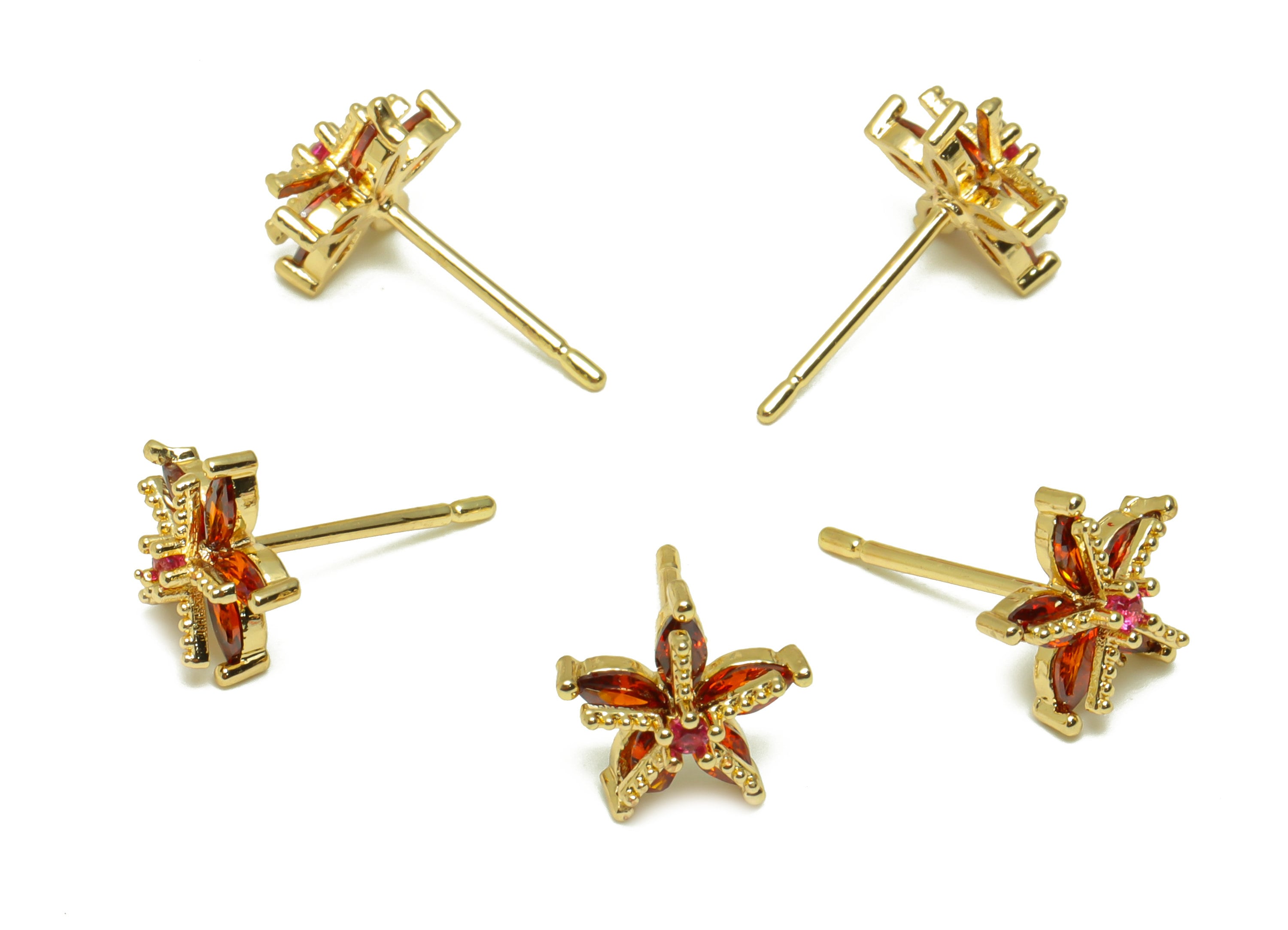 Brass Flower Earring Stud - Red Cubic Zirconia Earring Post - Brass Botanical Earring Post - 18K Real Gold Plated - 9.5x9.5x4.55mm - RGP6730 - DOMEDBAZAAR