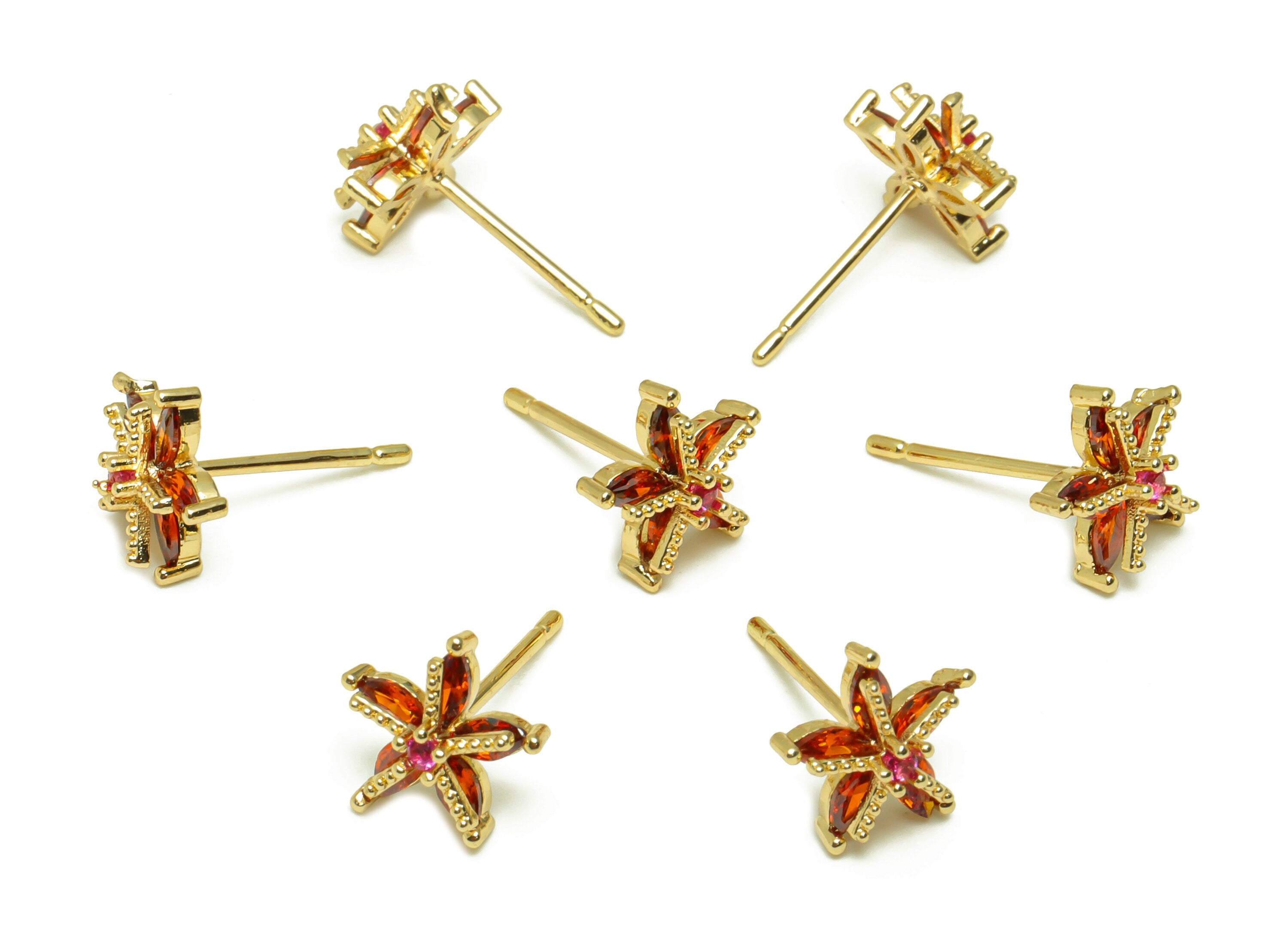 Brass Flower Earring Stud - Red Cubic Zirconia Earring Post - Brass Botanical Earring Post - 18K Real Gold Plated - 9.5x9.5x4.55mm - RGP6730 - DOMEDBAZAAR