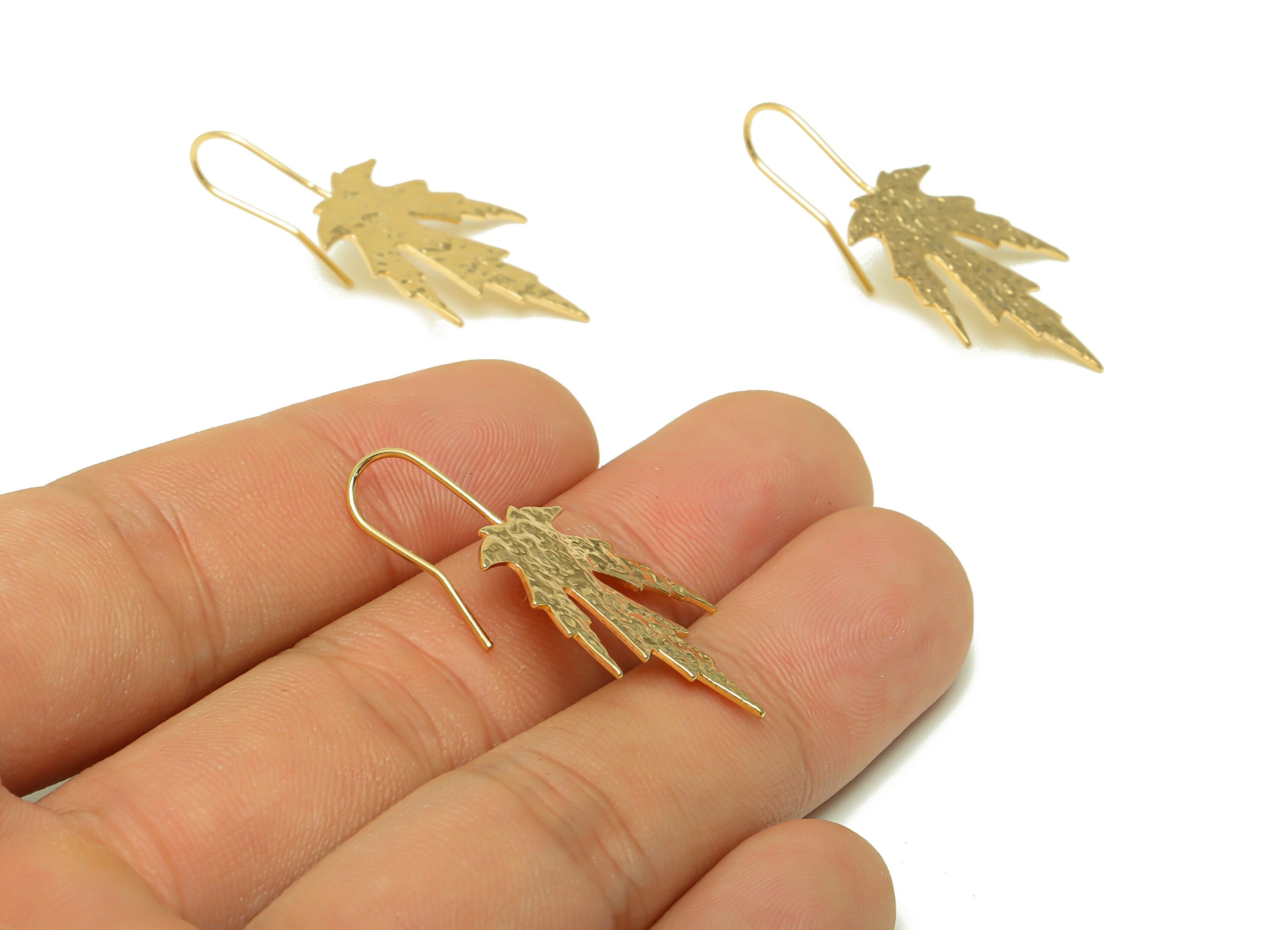 Brass Maple Earring Wire - Hammered Leaf Earring Hook - Brass Botanical Ear Hooks - 18K Real Gold Plated - 36.75x21x0.8mm- RGP6725 - DOMEDBAZAAR