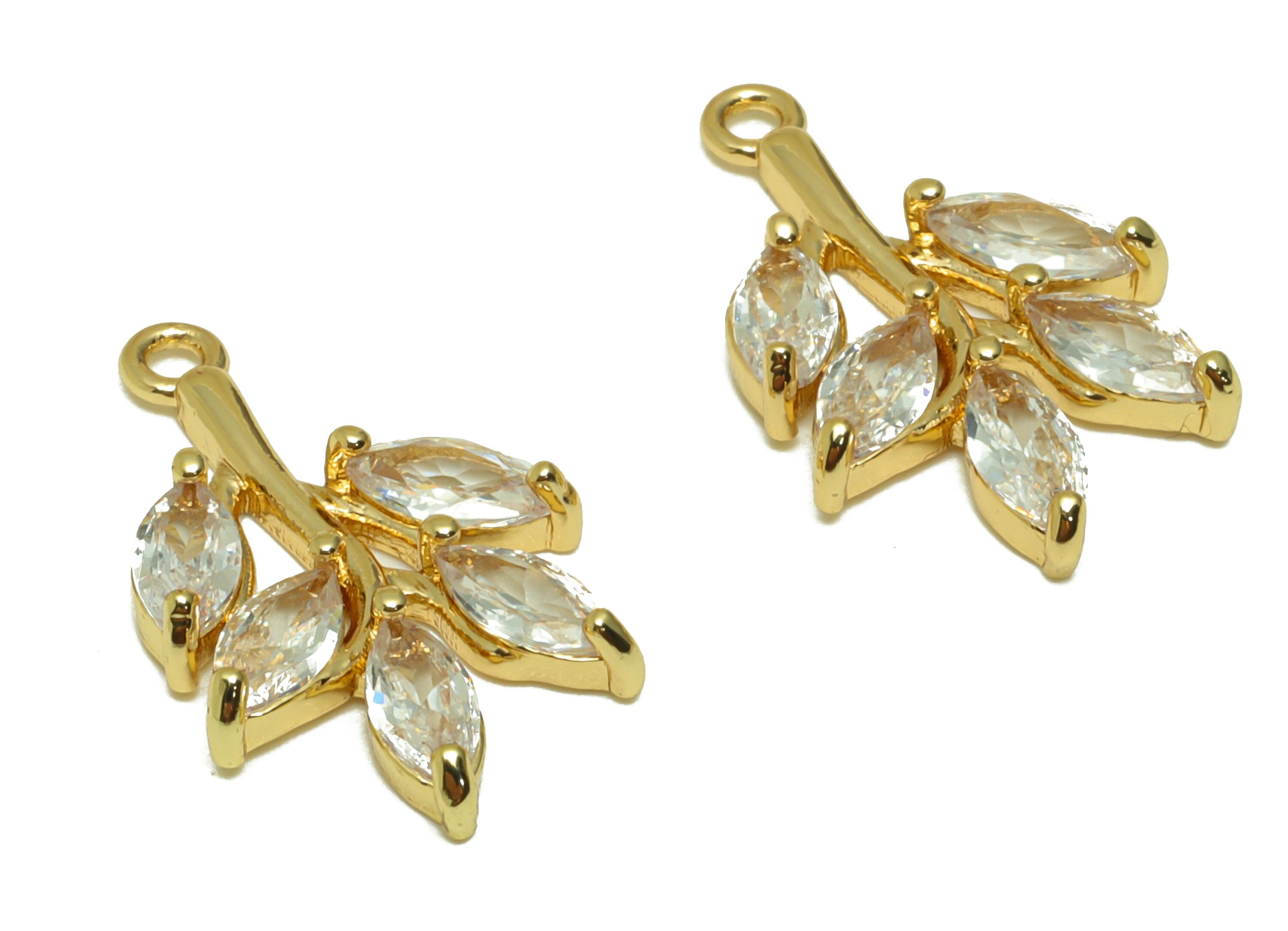Brass Leaf Earring Charms - Brass Branch Pendant - Cubic Zirconia Botanical Earring Findings - 18K Real Gold Plated - 21x13x2.9mm - RGP6727 - DOMEDBAZAAR