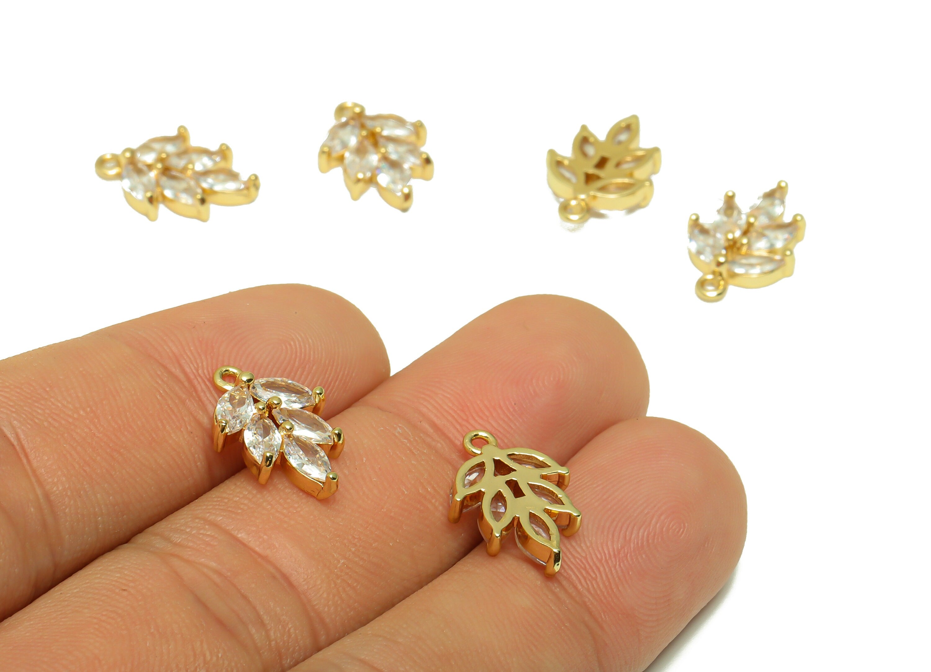 Brass Leaf Earring Charms - Brass Branch Pendant - Cubic Zirconia Botanical Earring Findings - 18K Real Gold Plated - 16x11x3.05mm - RGP6728 - DOMEDBAZAAR
