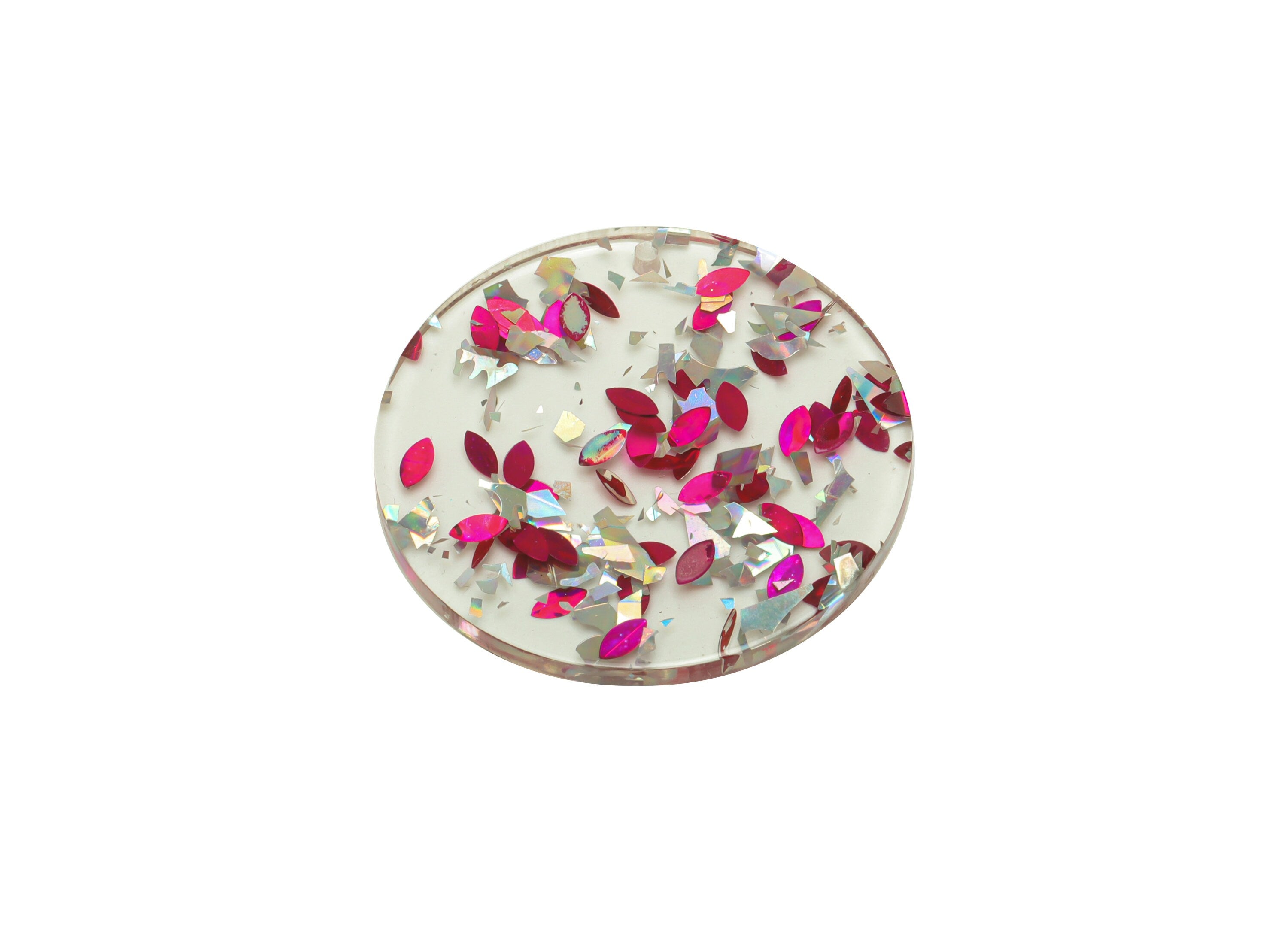 Acrylic Round Charms - Circle Earrings and Pendant - Pink Silver Foil & Confetti - Transparent Charm - Color Code:A438- 35x35x3mm -AC2621 - DOMEDBAZAAR