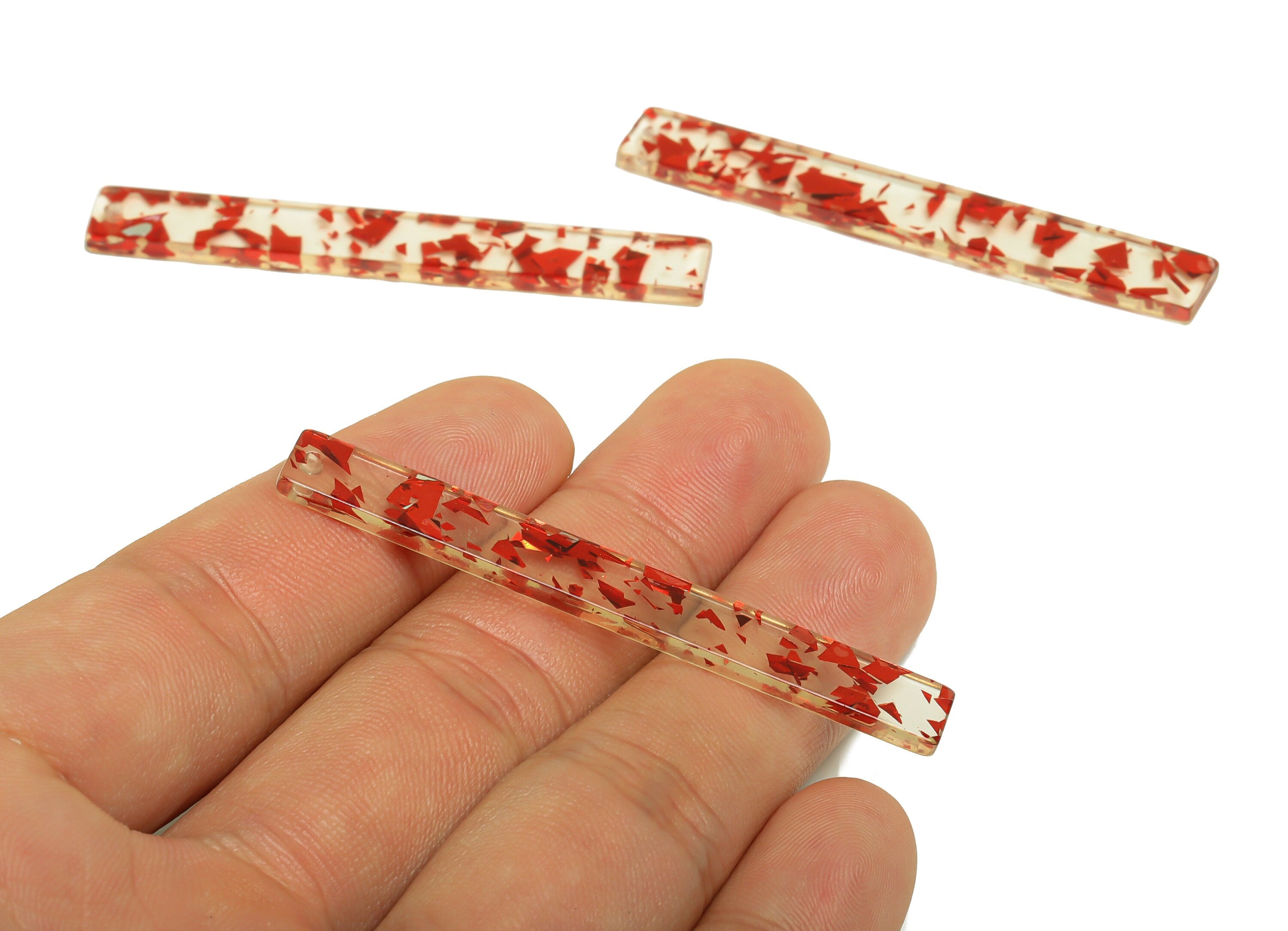 Acrylic Stick Charms - Bar Earrings and Pendant - Transparent Red Confetti Charm - Jewelry Supplies - Color Code: A990 - 59x7.8x2mm - AC2622 - DOMEDBAZAAR