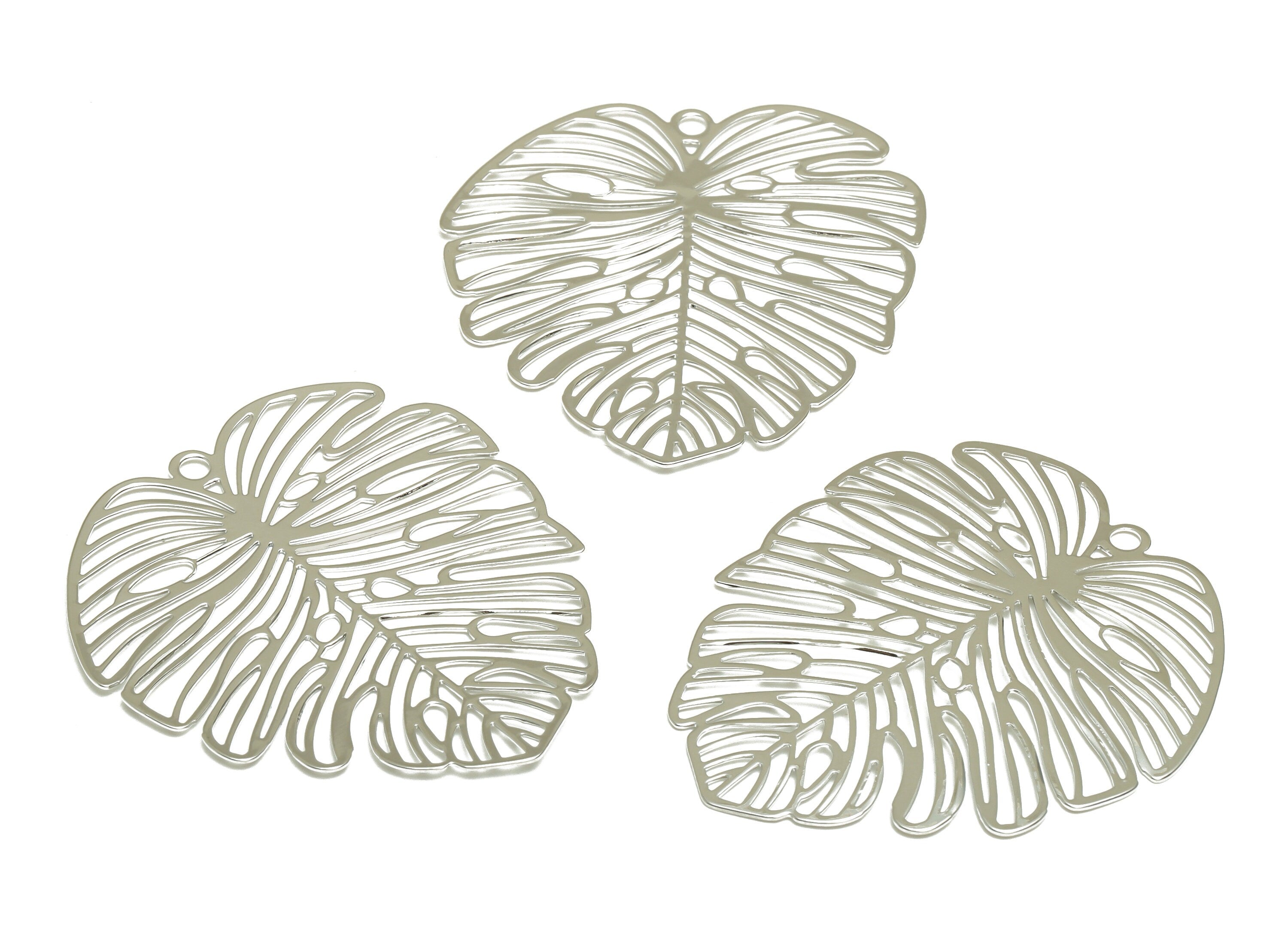 Brass Monstera Charms - Brass Monstera Earrings and Pendants - Earring Findings - Silver Tone Plating - 49x44.44x0.45mm - PP2040S - DOMEDBAZAAR