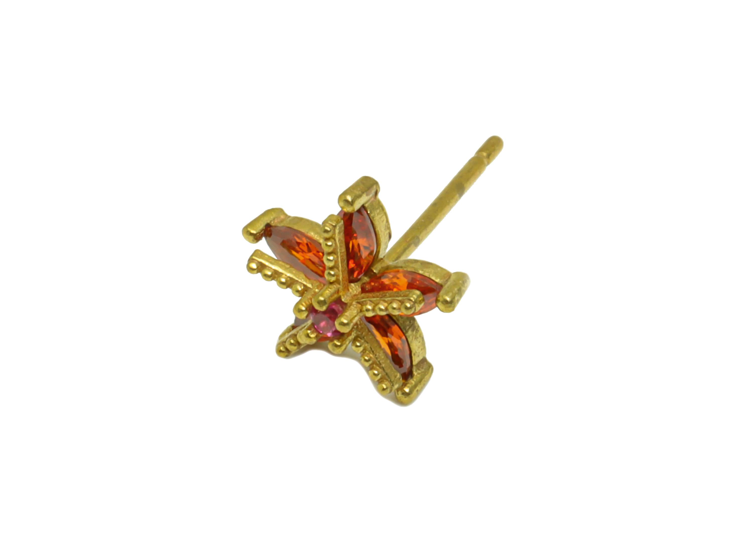 Brass Flower Earring Stud - Raw Brass Red Cubic Zirconia Earring Post - Brass Botanical Earring Post - 9.5x9.5x4.55mm - PP8626 - DOMEDBAZAAR