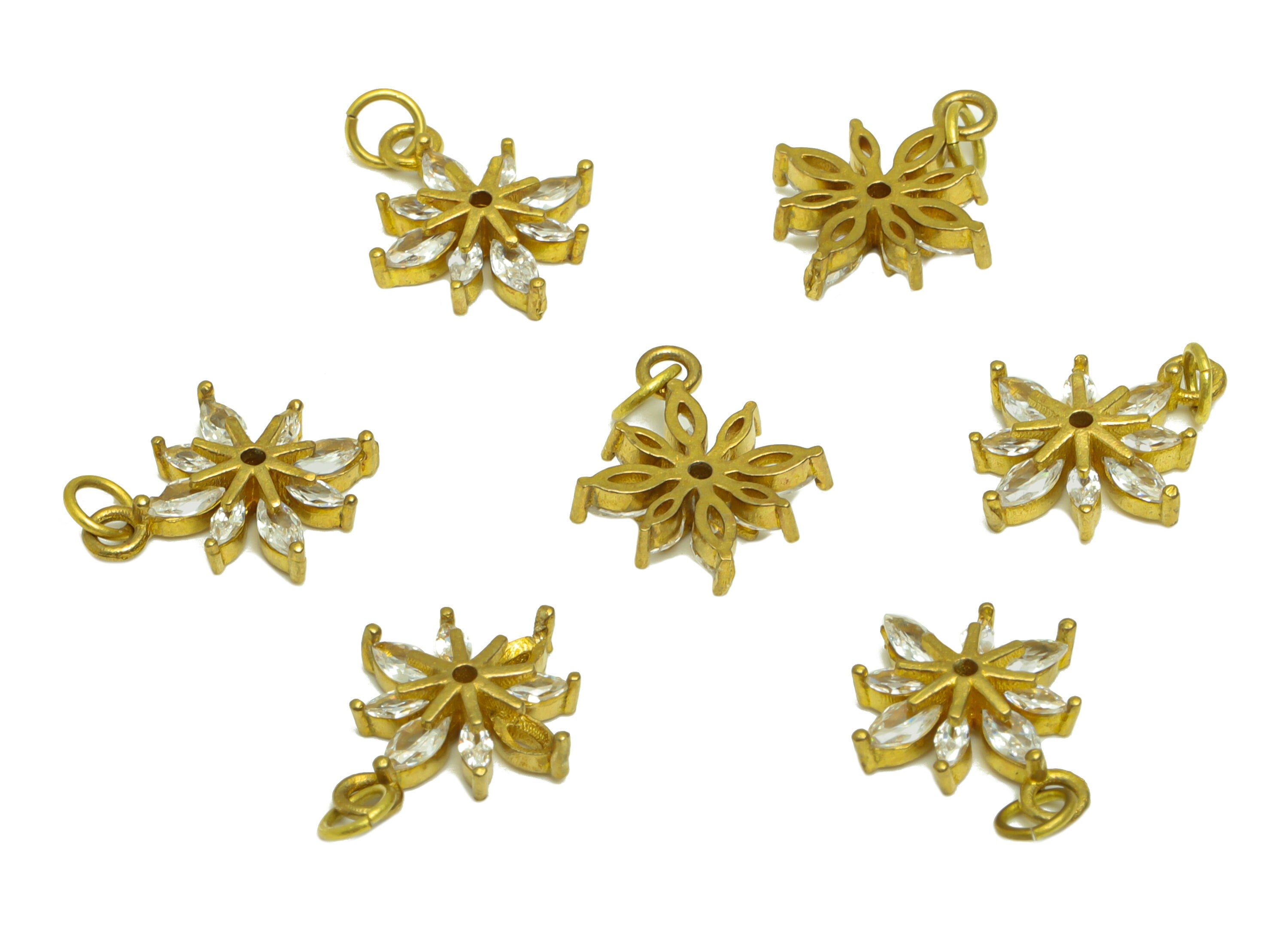Brass Flower Earring Charm - Raw Brass Marquise CZ Pendant - Cubic Zirconia Botanical Earring Charm - 15x12x3mm - PP8627 - DOMEDBAZAAR