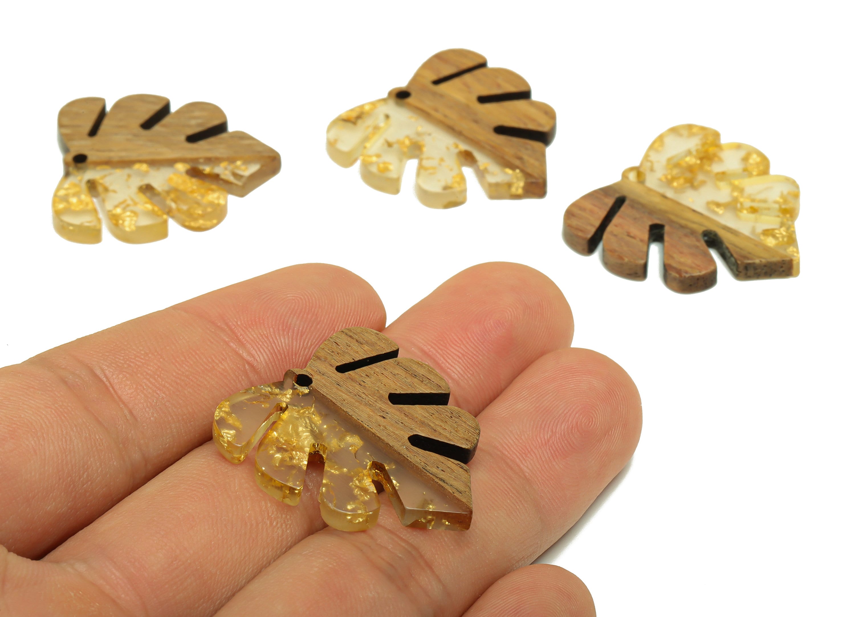 Epoxy Redwood Monstera Charm - Epoxy Resin Wood Leaf Pendant - Redwood and Resin Gold Confetti - Transparent Charm - 30.45x28x3mm - BB1094k - DOMEDBAZAAR