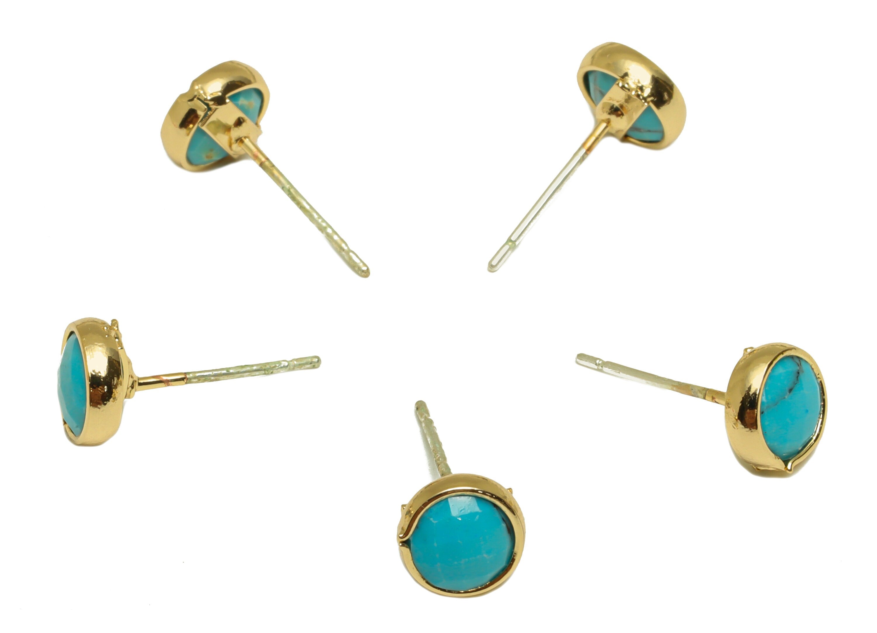 Blue Turquoise Stud Earrings - Gold Tone Plated Natural Stone Brass Post Earrings - Gold Tone Plated Brass -7.45x7.45x3.44mm- NS1907 - DOMEDBAZAAR