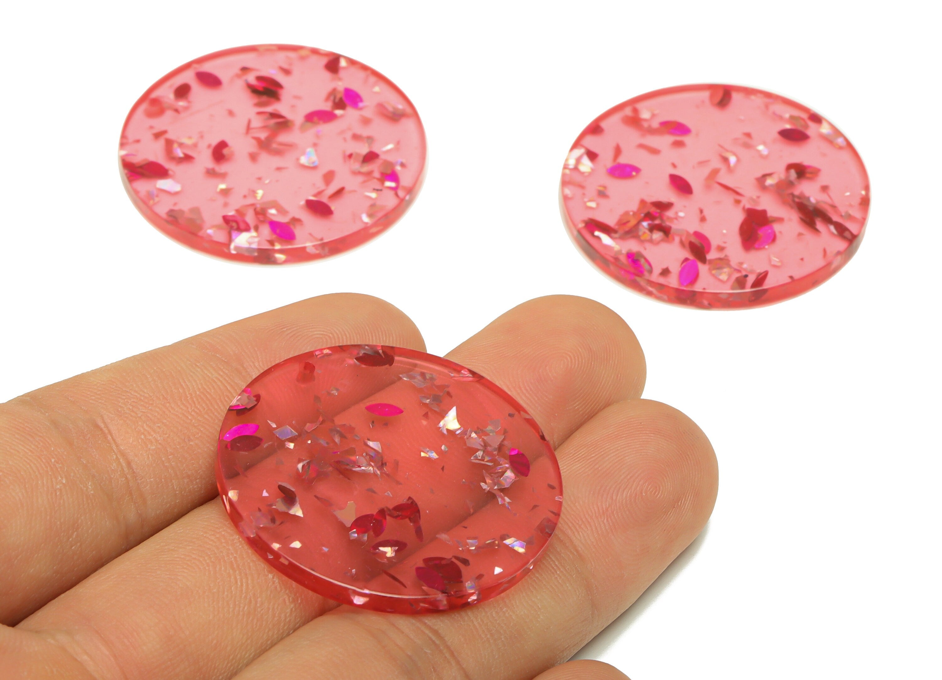 Acrylic Round Charms - Circle Earrings and Pendant - Red Silver Foil & Confetti - Jewelry Supplies - Color Code:A437- 35x35x3mm -AC2621-A437 - DOMEDBAZAAR