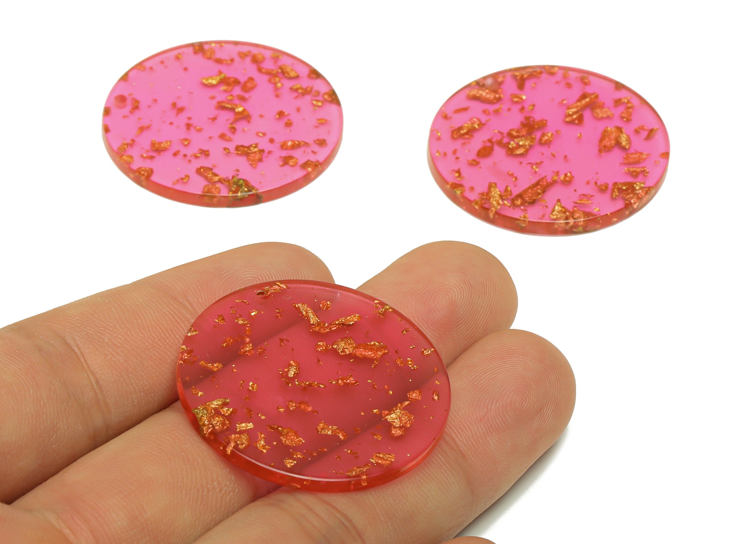 Acrylic Round Charms - Circle Earrings and Pendant - Red Gold Foil & Confetti - Jewelry Supplies - Color Code:A444- 35x35x3mm -AC2621-A444 - DOMEDBAZAAR