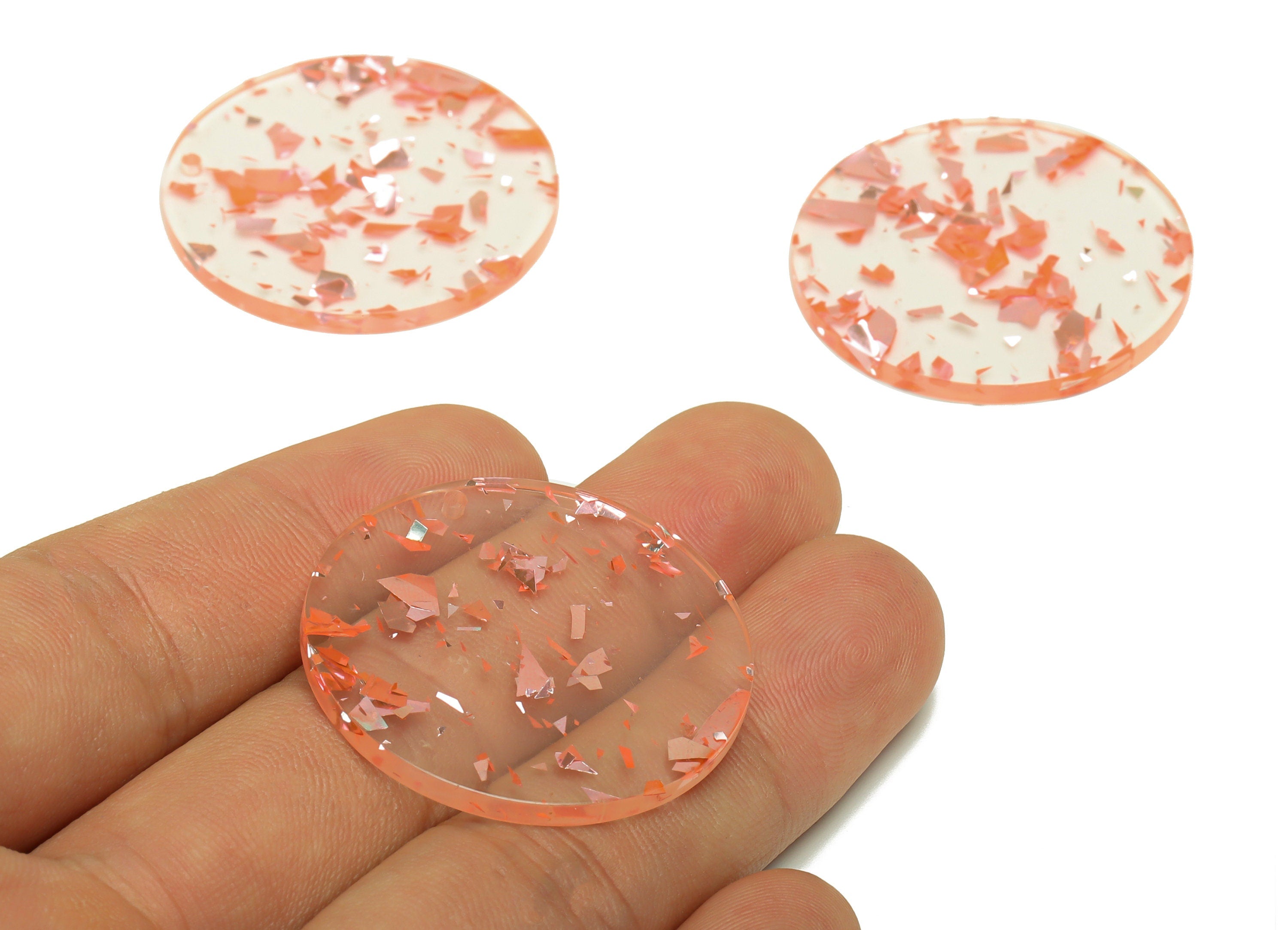 Acrylic Round Charms - Circle Earrings and Pendant - Pink Foil & Confetti - Transparent Charm - Color Code:A971- 35x35x3mm -AC2621-A971 - DOMEDBAZAAR