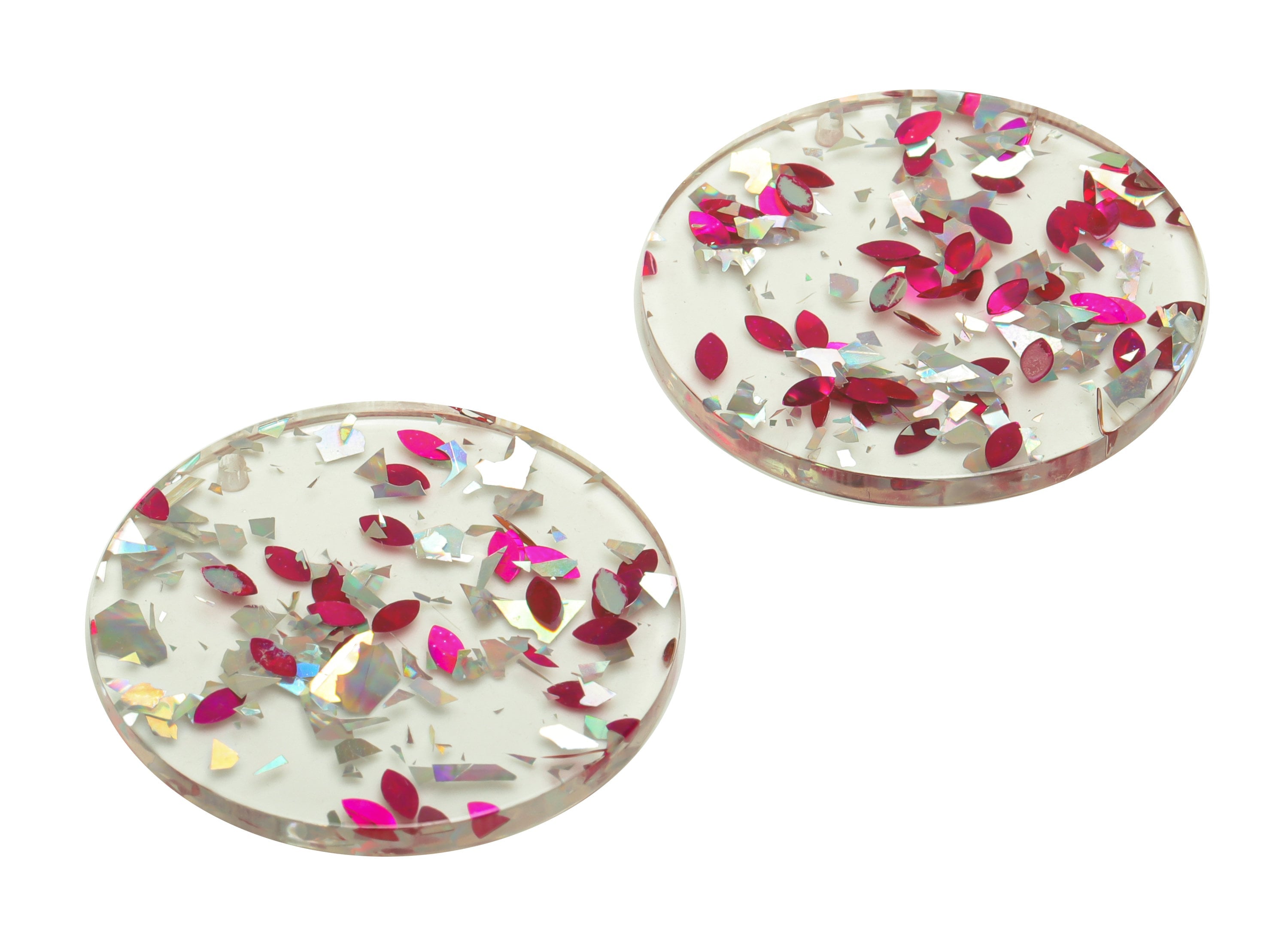 Acrylic Round Charms - Circle Earrings and Pendant - Pink Silver Foil & Confetti - Transparent Charm - Color Code:A438- 35x35x3mm -AC2621 - DOMEDBAZAAR