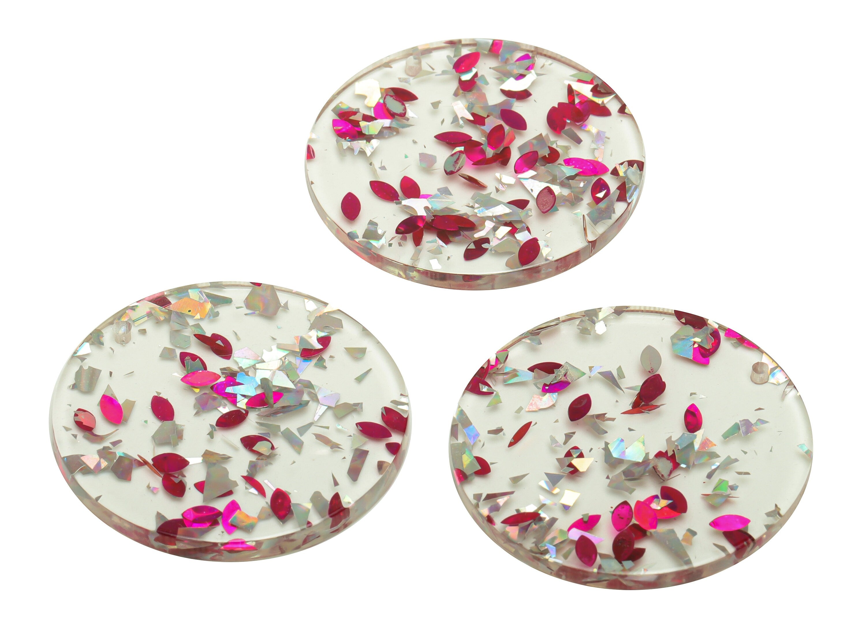 Acrylic Round Charms - Circle Earrings and Pendant - Pink Silver Foil & Confetti - Transparent Charm - Color Code:A438- 35x35x3mm -AC2621 - DOMEDBAZAAR