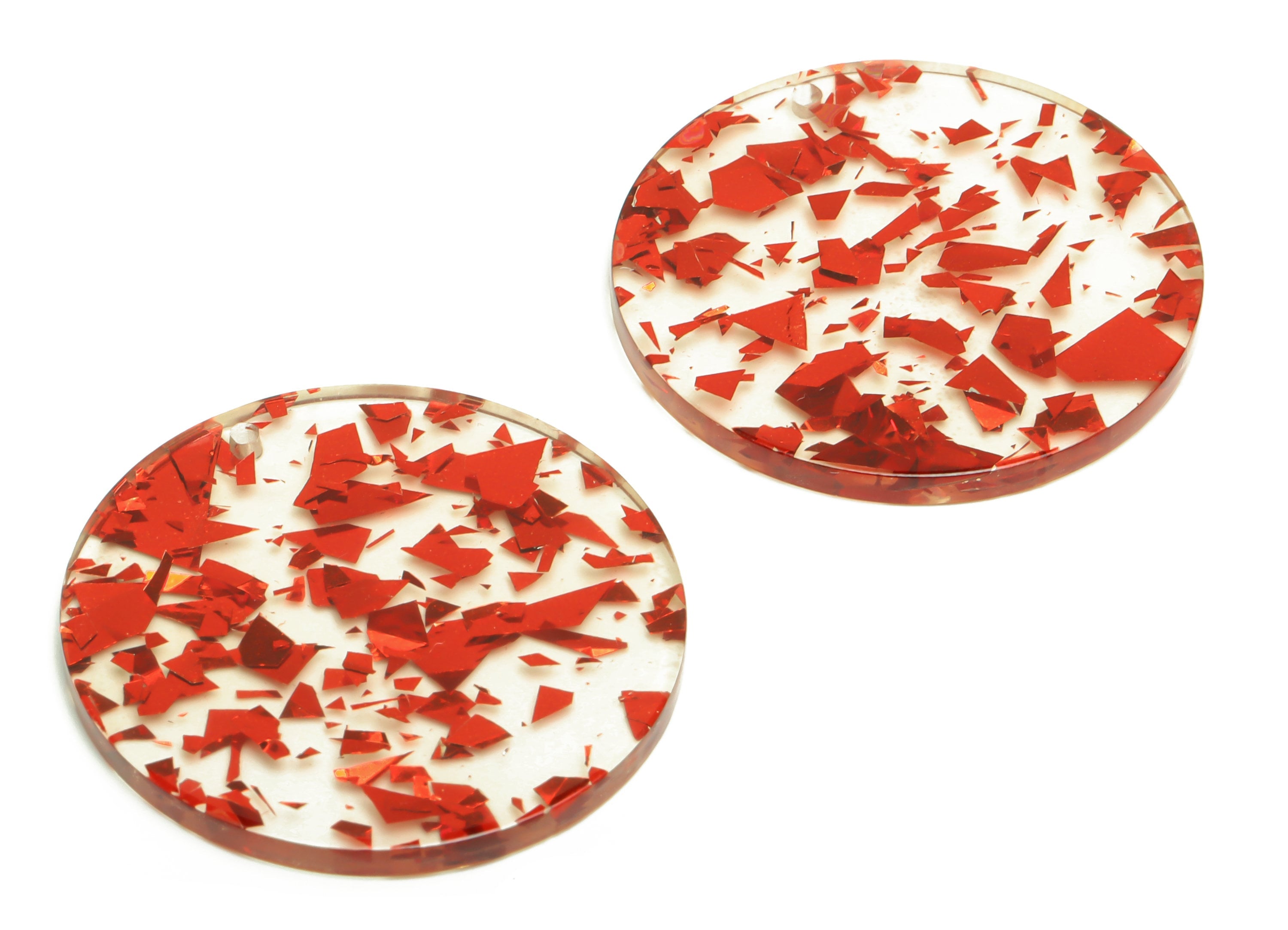Acrylic Round Charms - Circle Earrings and Pendant - Red Foil & Confetti - Transparent Charm - Color Code:A990- 35x35x3mm -AC2621-A990 - DOMEDBAZAAR