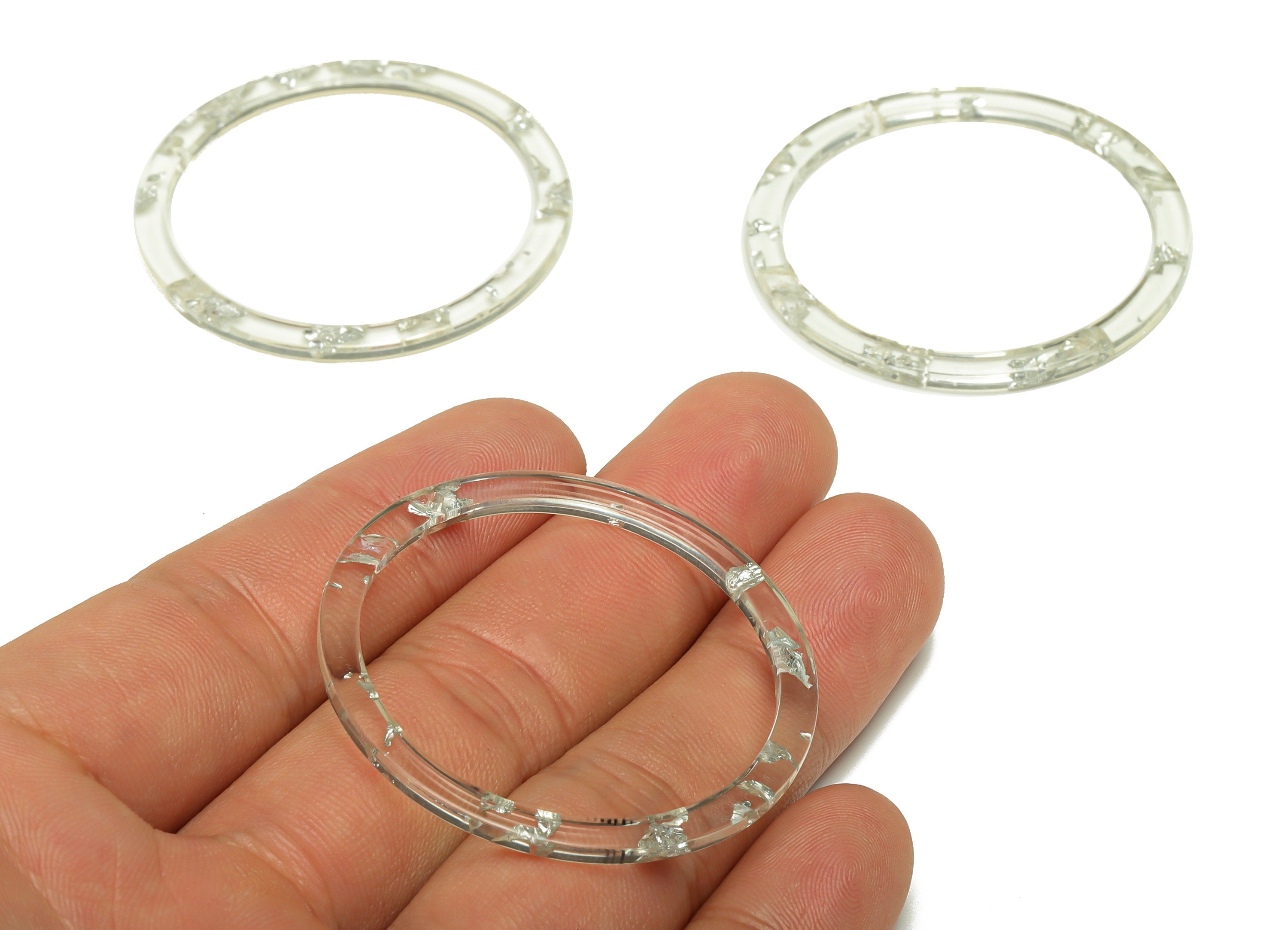 Acrylic Hoop Earrings Charms - Circle Pendant - Transparent Silver Confetti Charm - Jewelry Supplies - Color Code:A254 - 44x44.3x2mm -AC2620 - DOMEDBAZAAR