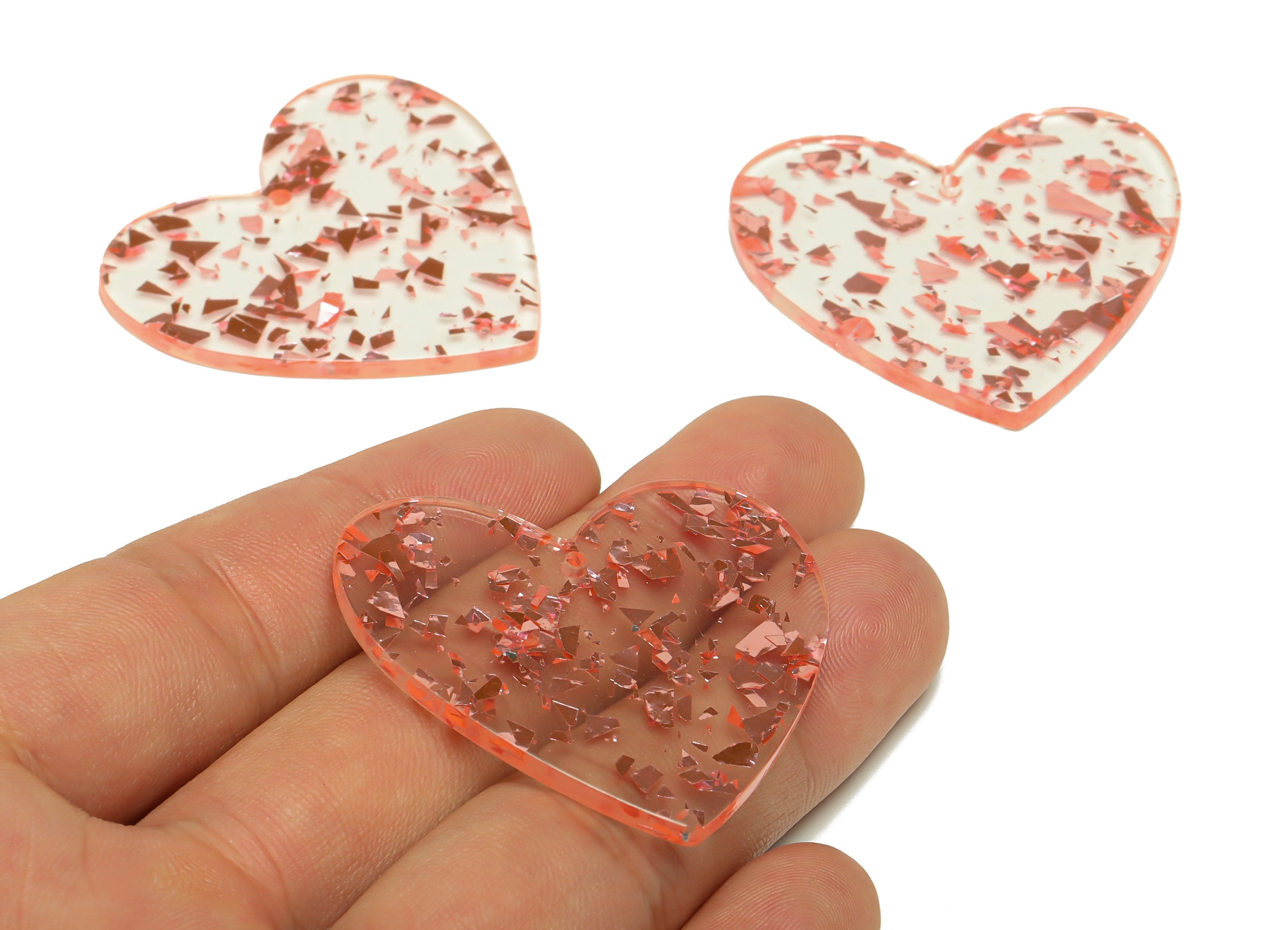 Acrylic Heart Earring Charms - Heart Pendant - Silver Pink Foil and Confetti - Color Code: A971 - 41.69x42.67x2.77mm - AC1746-A971 - DOMEDBAZAAR