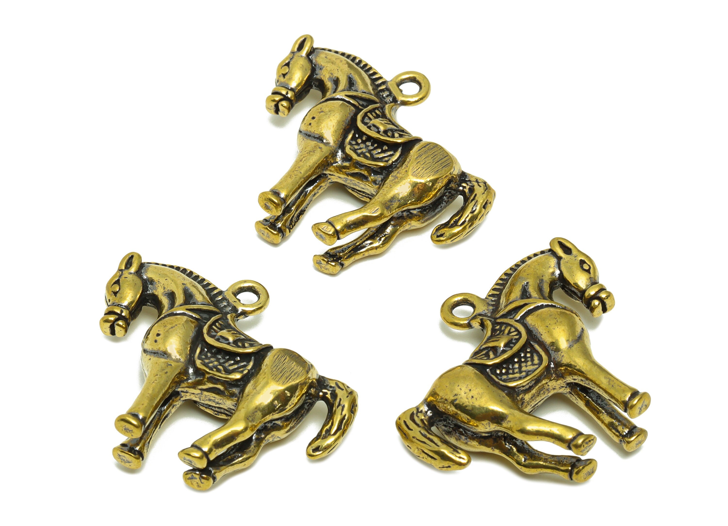 Brass Horse Charm - Raw Brass Horse Earring Charms - Antique Looking Pendant - Chollima Figure - Vintage Style - 34.18x29.52x8.12mm - PP8733 - DOMEDBAZAAR