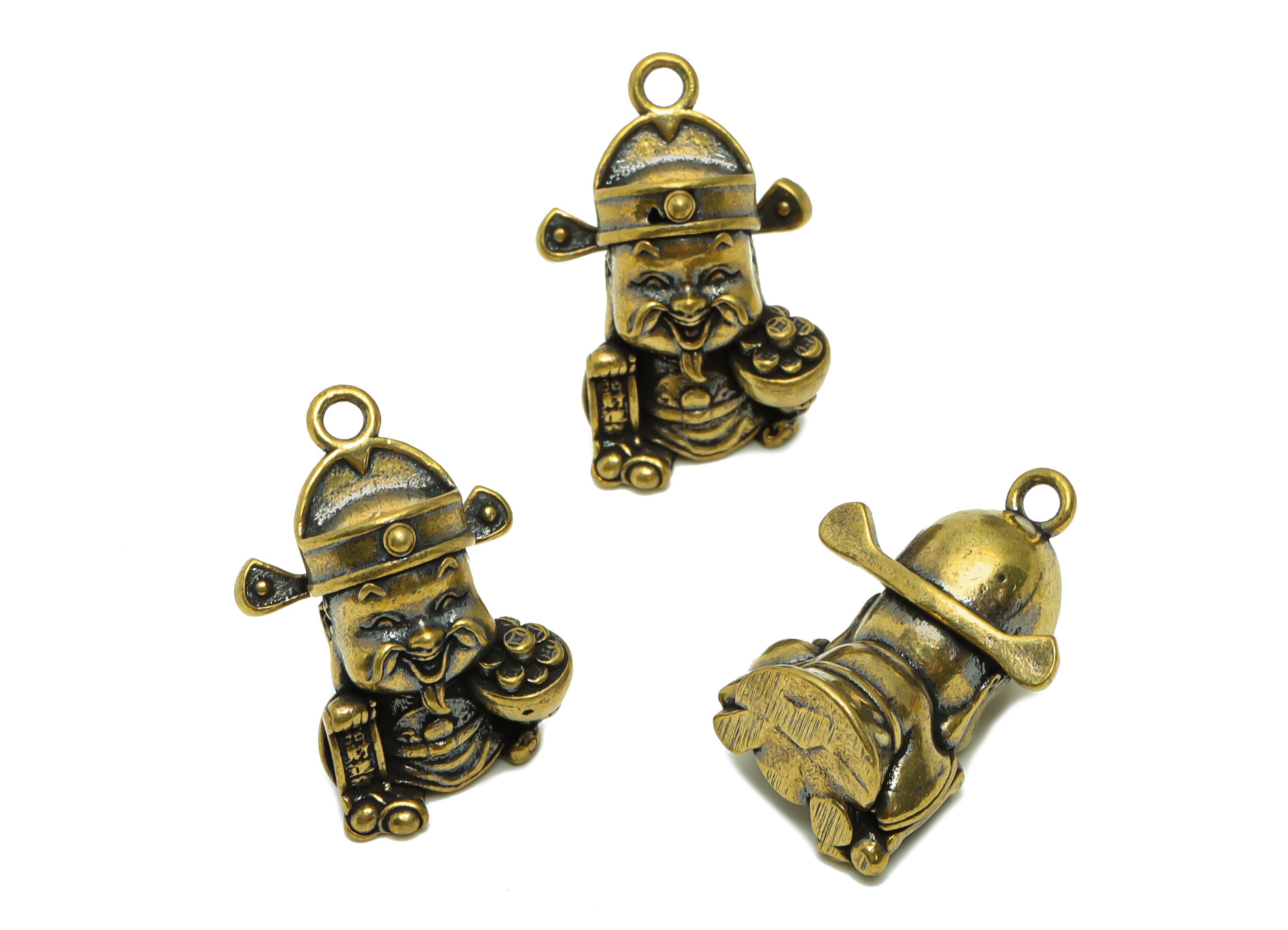 Raw Brass Grandpa Wealth Earring Charms - Chinese traditional Person Figure - Antique Looking Pendant- 26.38x19.5x13.9mm-PP8716 - DOMEDBAZAAR