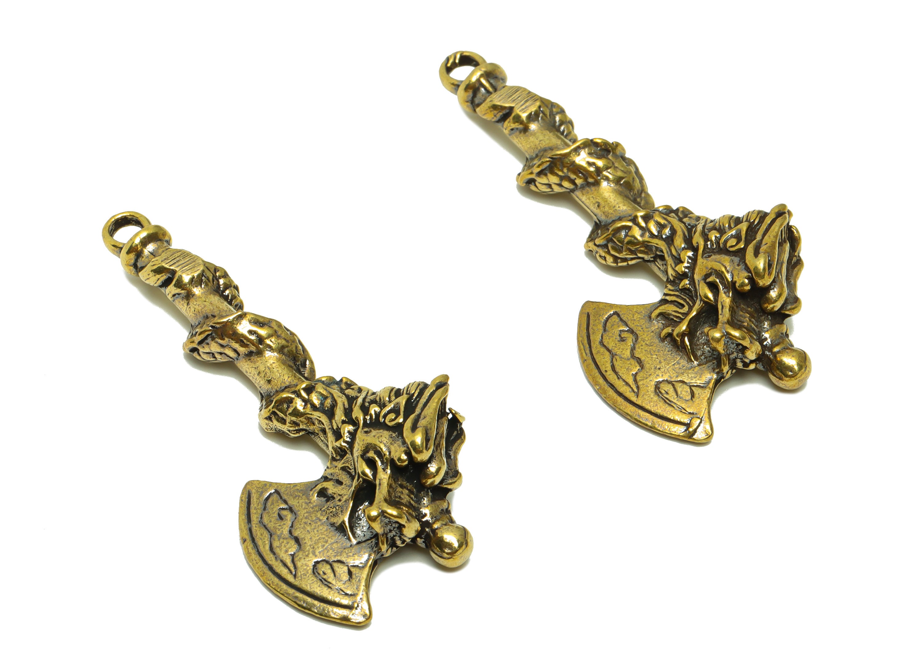 Brass Hatchet Charm - Raw Brass Dragon Hatchet Charms - Dragon Hatchet Figure - Antique Looking Pendant - Axe Pendant - 58x27x10mm-PP8743 - DOMEDBAZAAR