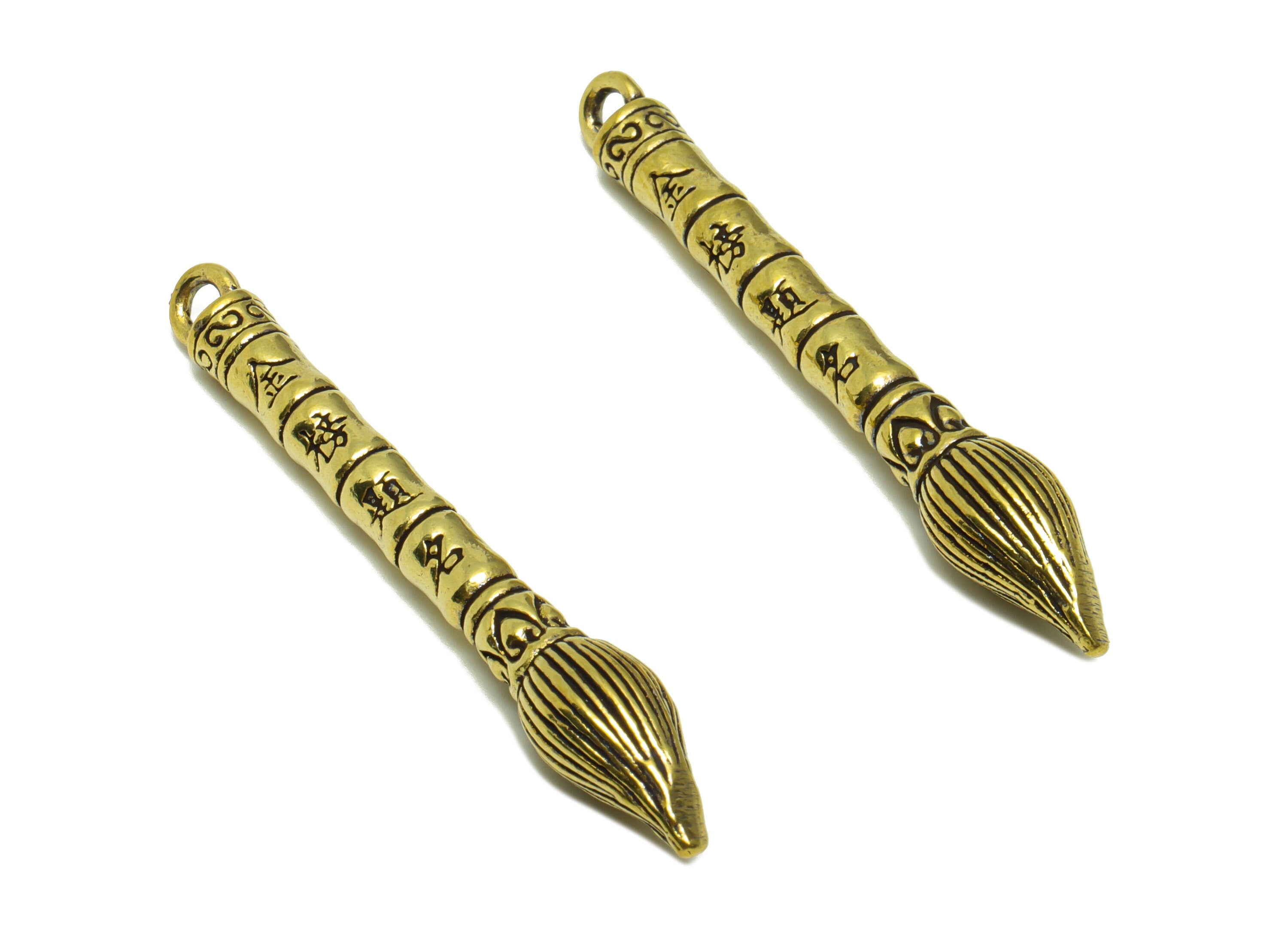 Brass Writing brush Charms - Raw Brass Pen Earring Charm - Textured Pen Figure - Antique Looking Pendant - Pen Pendant - 49x7x4mm - PP8735 - DOMEDBAZAAR